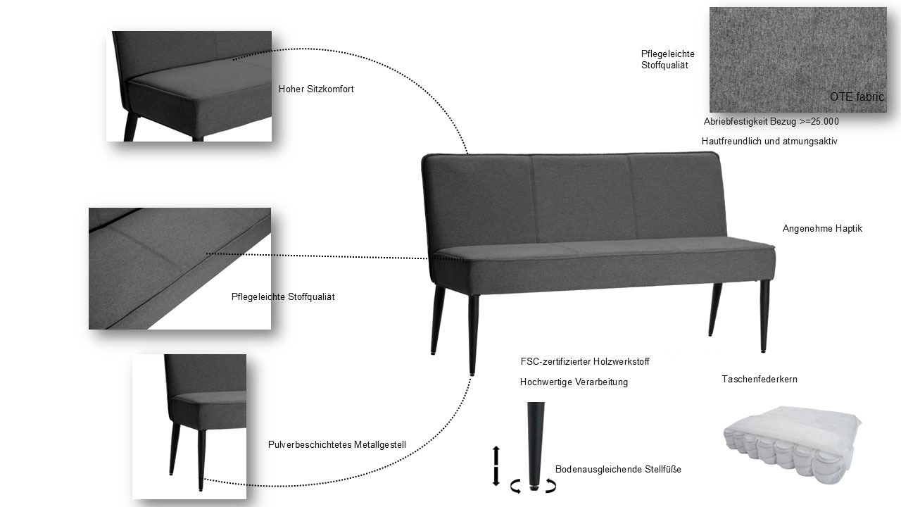 Home affaire Polsterbank »LENZROSE«, (Esszimmerbank, Bank,), mit Taschenfederkern, schwarzes Metallgestell, Breite 142 cm