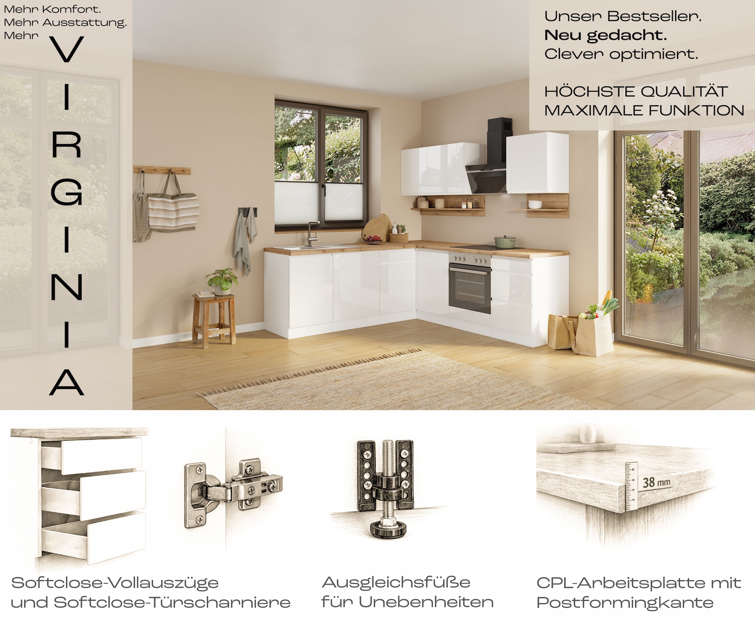 KOCHSTATION »KS-Virginia,neu in verbesserter Ausführung« Arbeitsplatte 38 mm stark, Stauraum, Softclose,  Stellbreite 230/190 cm, Soft-Close, ohne E-Geräte