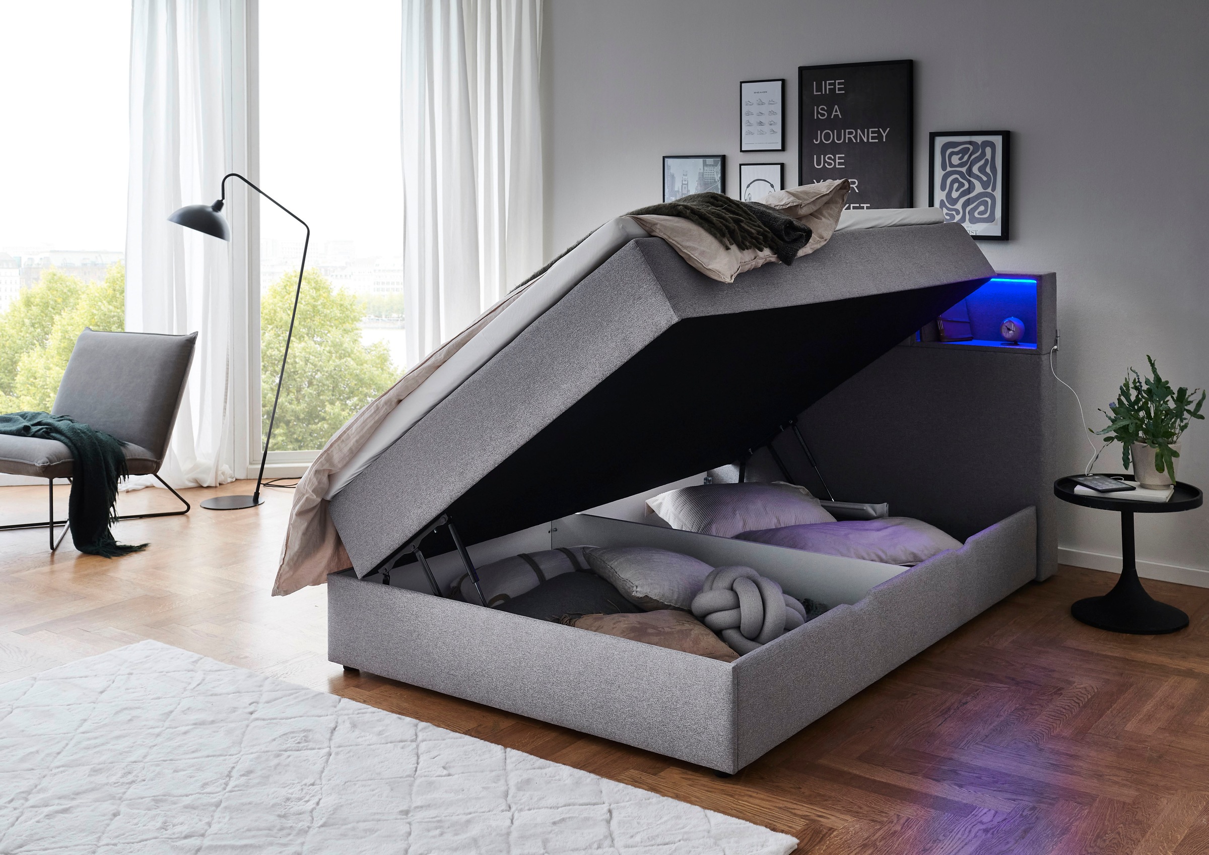 meise.möbel Boxspringbett »Caja mit Bettkasten und Topper«, mit LED ausgestattetes Ablagefach im Kopfteil