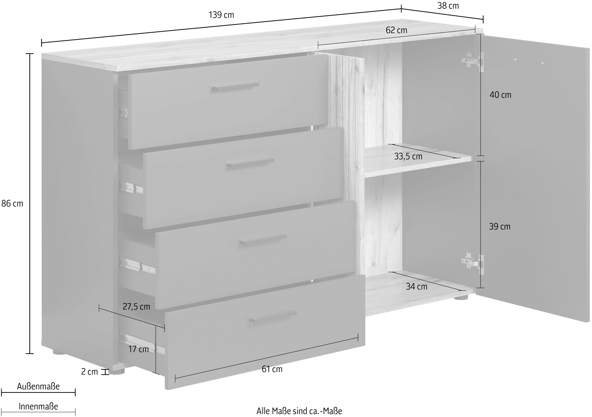 Home affaire Kommode »Estepona« 1 Stk. tlg. Schubladenschrank in Rillenoptik mit Vollauszug-Funktion