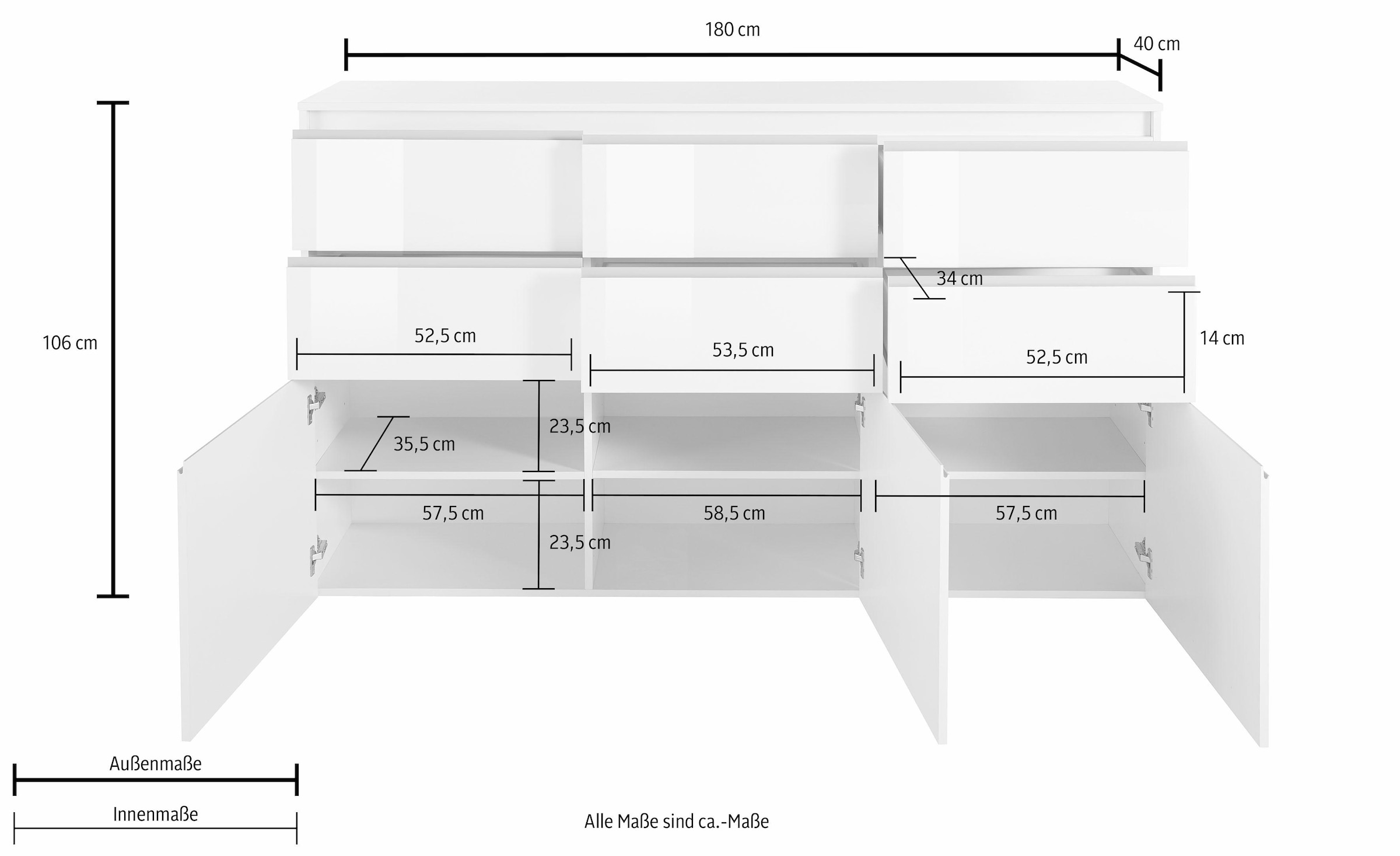 INOSIGN Highboard »Magic, Highboard, Hochschrank, Hochkommode«, mit 3 Türen und 6 Schubkästen, Hochglanz lackiert, Breite 180cm