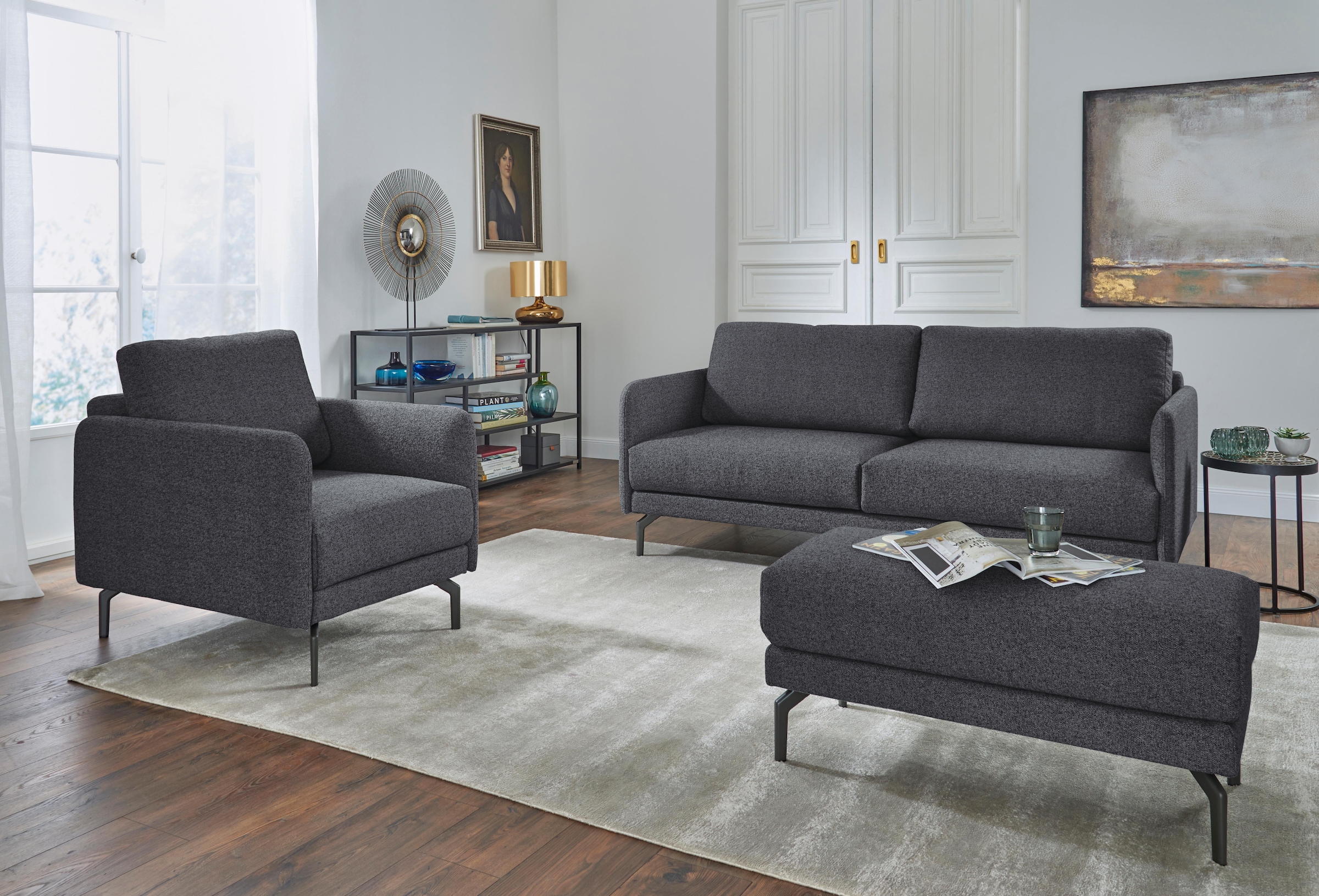Creation BY ROLF BENZ 3-Sitzer »CR.450, Designsofa, edles Sofa, Loungesofa, Ledersofa, klares Design«, Armlehne sehr schmal, Breite 190 cm, Alugussfuß Umbragrau