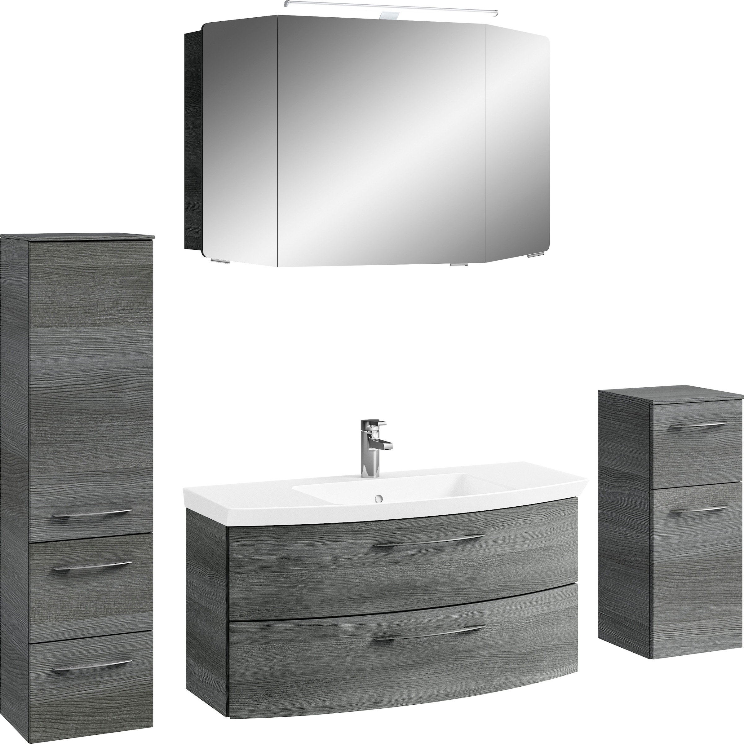 Saphir Badezimmer-Set »Cassca Sprint 4-teilig Mineralmarmor-Waschtisch mit LED-Spiegelschrank«, (5 St.), Midischrank, Unterschrank, inkl. Türdämpfer, 5 Türen, 5 Schubladen