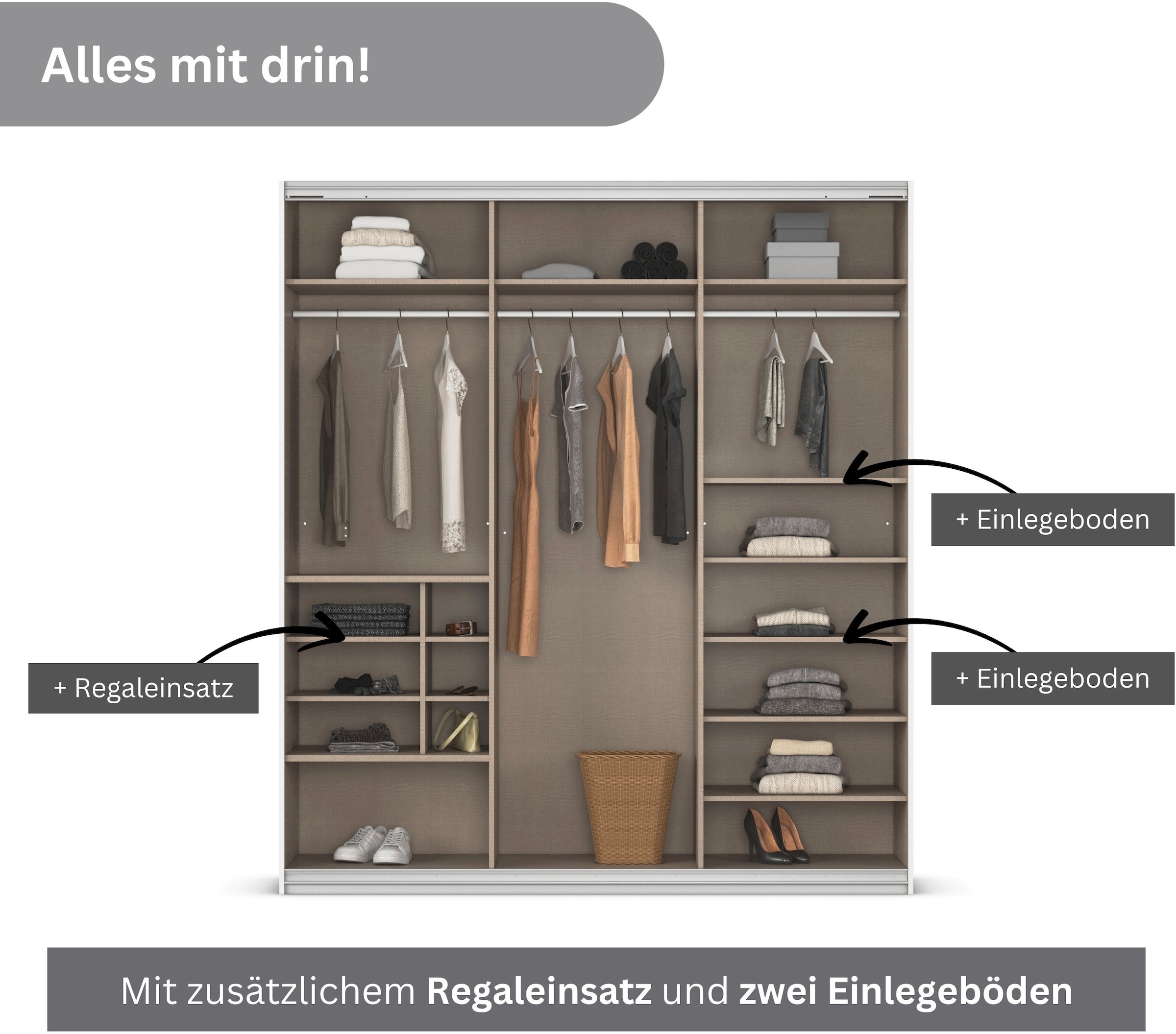 rauch Schwebetürenschrank »Kleiderschrank Schrank Garderobe Wäscheschrank TOMA«, inkl. Regaleinsatz sowie zusätzlichen Einlegeböden MADE IN GERMANY