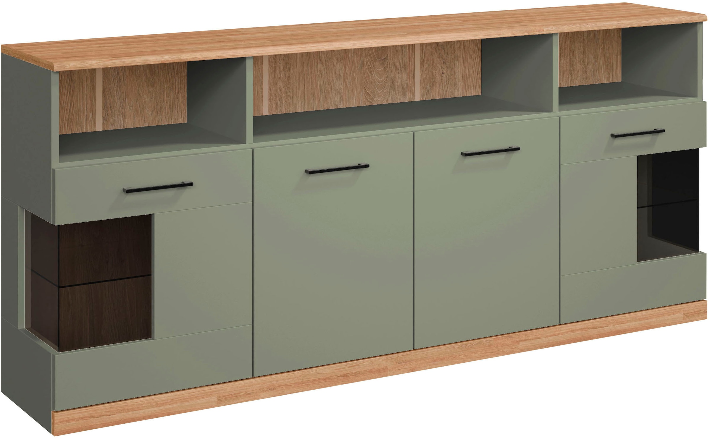 OTTO home Sideboard »Ribe,180cm breit,80cm hoch, 9 Fächer« Oberplatte Eiche massiv,schwarze Metall Griffe,2 Türen mit Glaseinsatz