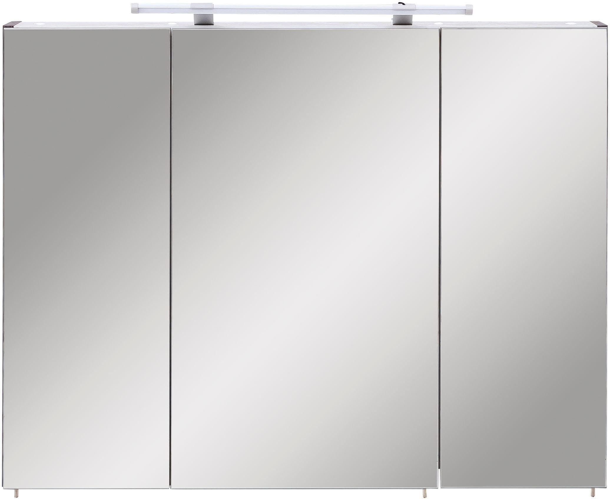 Schildmeyer Spiegelschrank »Dorina, mit höhenverstellbaren Glasböden«, Breite 90 cm, 3-türig, LED-Beleuchtung, Schalter-/Steckdosenbox