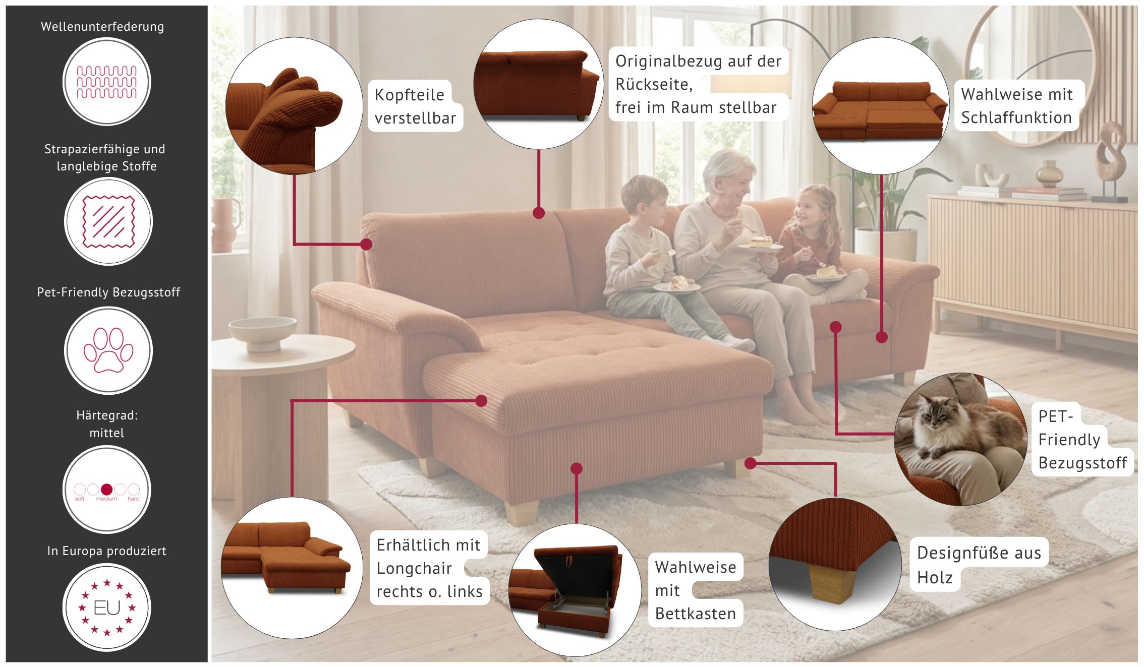 OTTO home Ecksofa »Egedal 279 x 162 cm, auch mit Schlaffunktion & Bettkasten, Holzfüße« L-Form, aus haustierfreundlichem Pet Friendly Cord