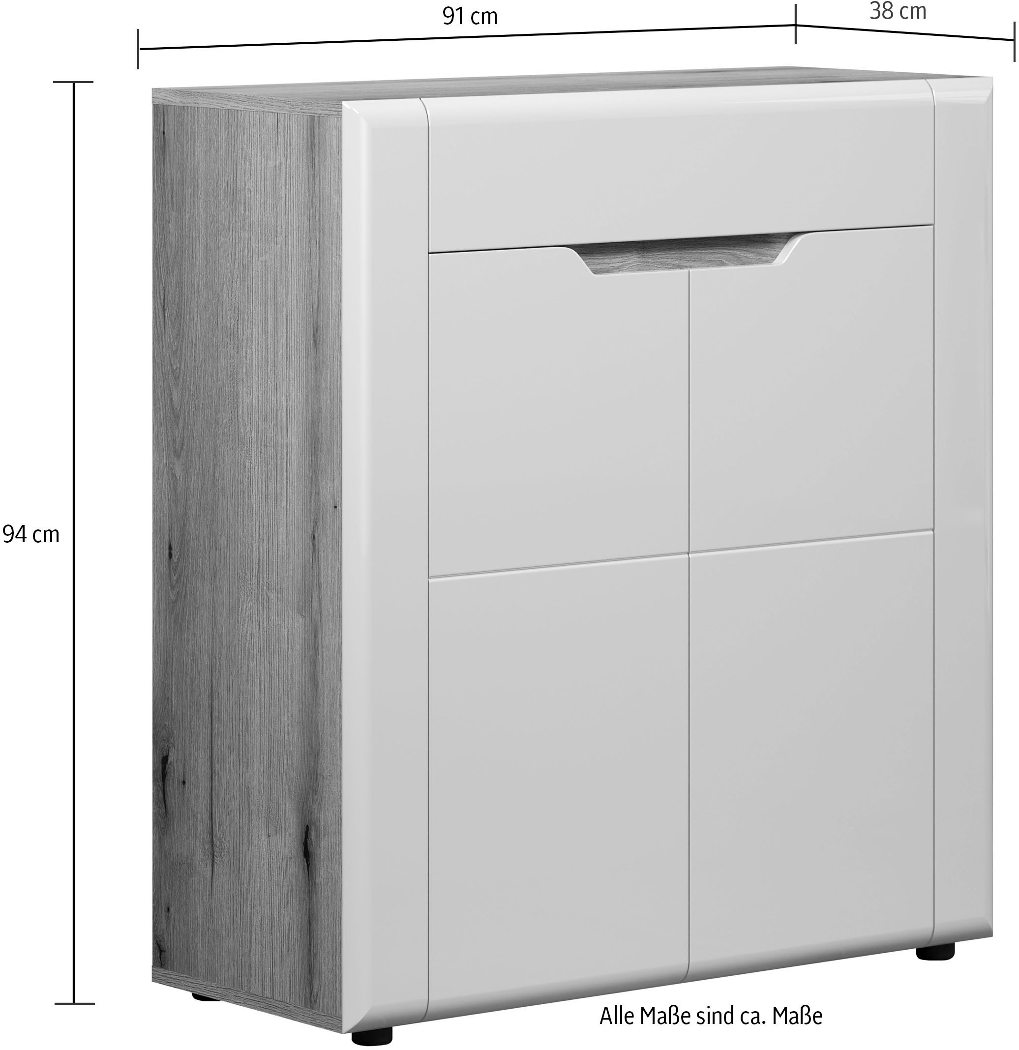 INOSIGN Kommode »Graz«, (Packung, 1 St.), Maße (B/H/T in cm): (91/94/38) - Farbe Weiß Hochglanz und Eiche