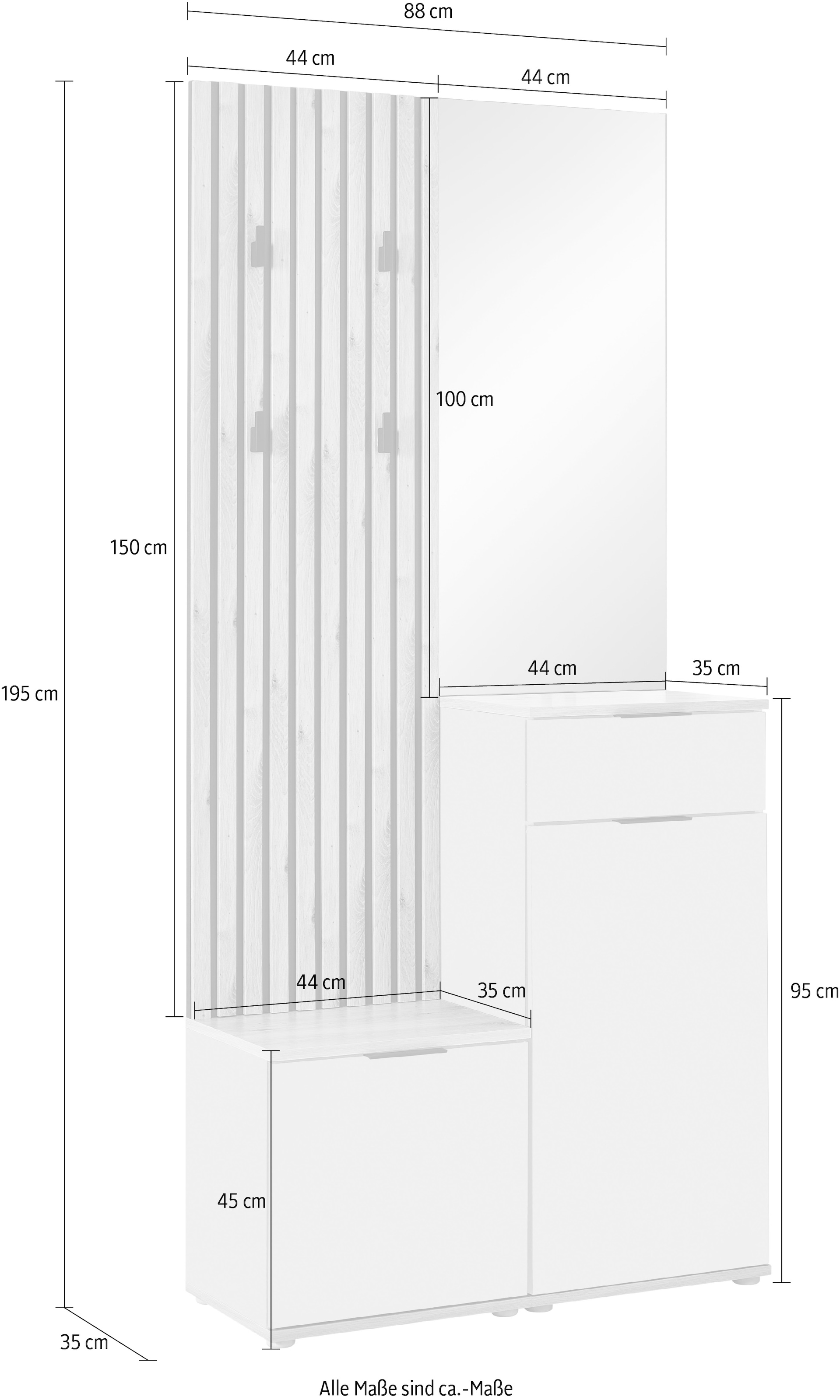 HBZ Kompaktgarderobe »Simple mit Spiegel, Flurgarderobe BxHxT 88x195x35 cm« 4 Stk. tlg. mit Bank, Paneel, Schuhkommode mit Schubkasten und Spiegel