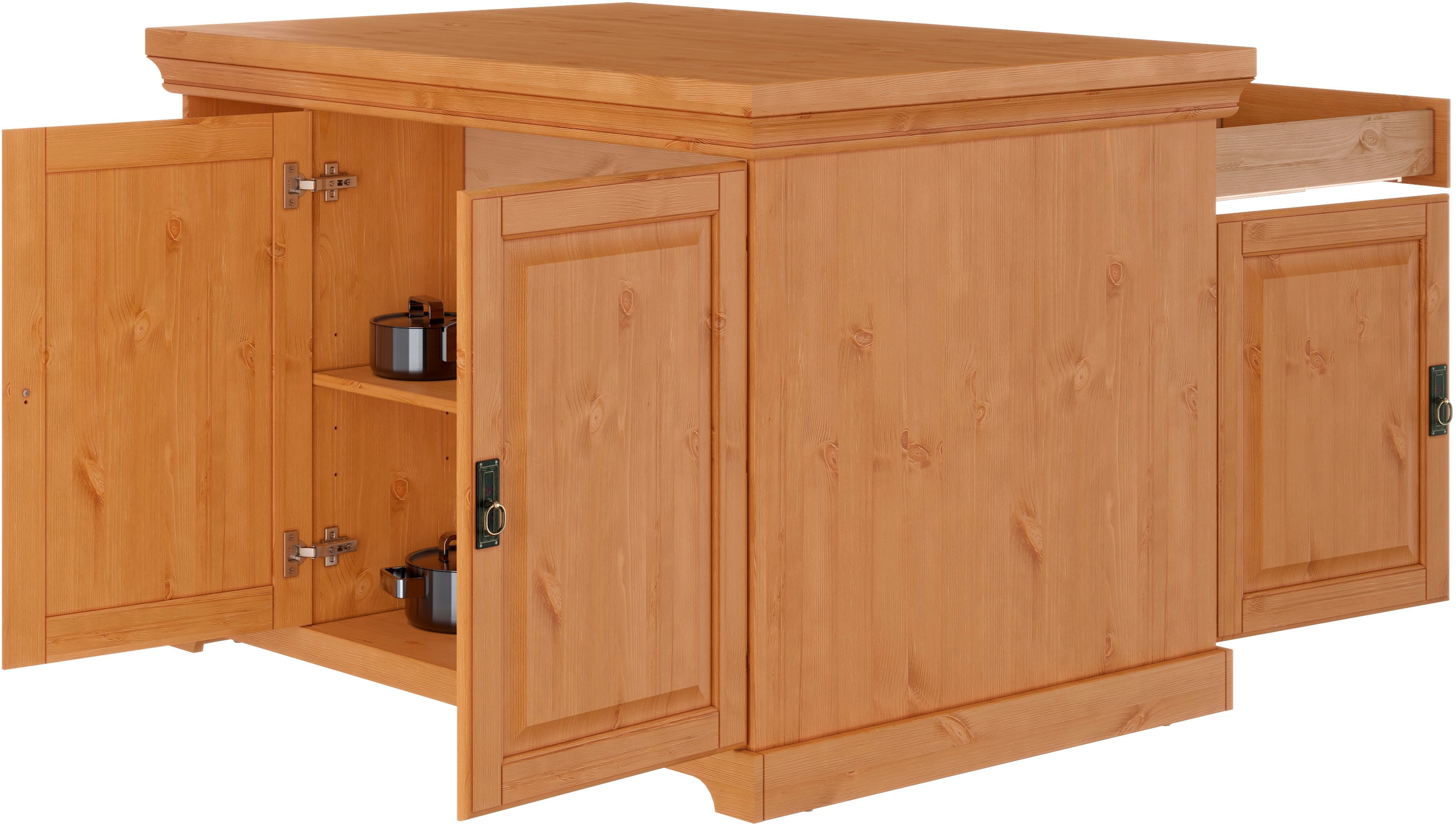 Home affaire Kücheninsel »Rügen«, Breite 130 cm, Kiefer massiv, mit Türen, Schubkästen, offenen Fächern