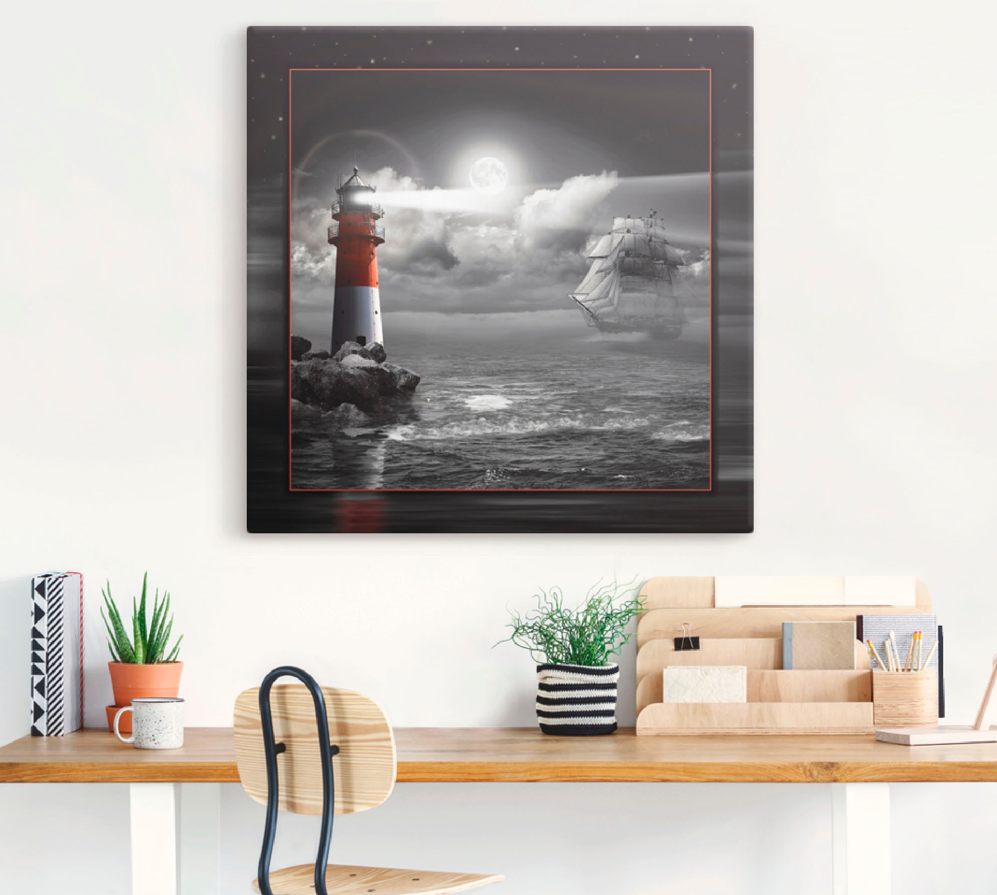 Artland Leinwandbild »Leuchtturm und Segelschiff im Mondschein« Küste 1 Stk. tlg. auf Holzrahmen gespannt