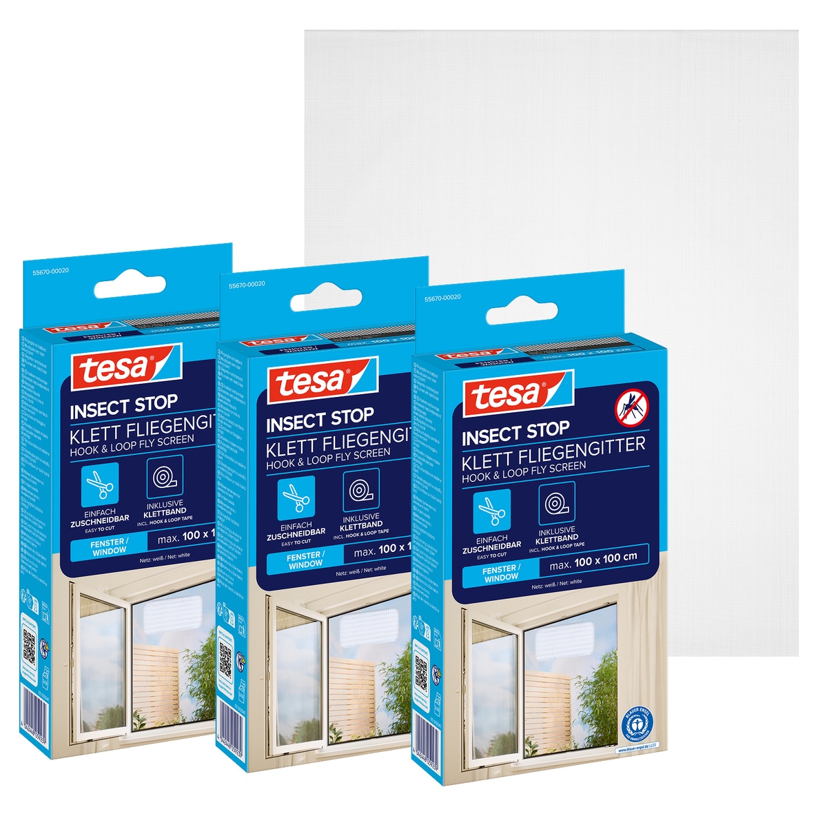 tesa Fliegengitter-Gewebe »für Fenster - Insektenschutz - 100 x 100 cm« Packung, Fliegennetz, Klettband, 3 Stk. tlg. mit Klettband, zuschneidbar - Mückenschutz ohne Bohren