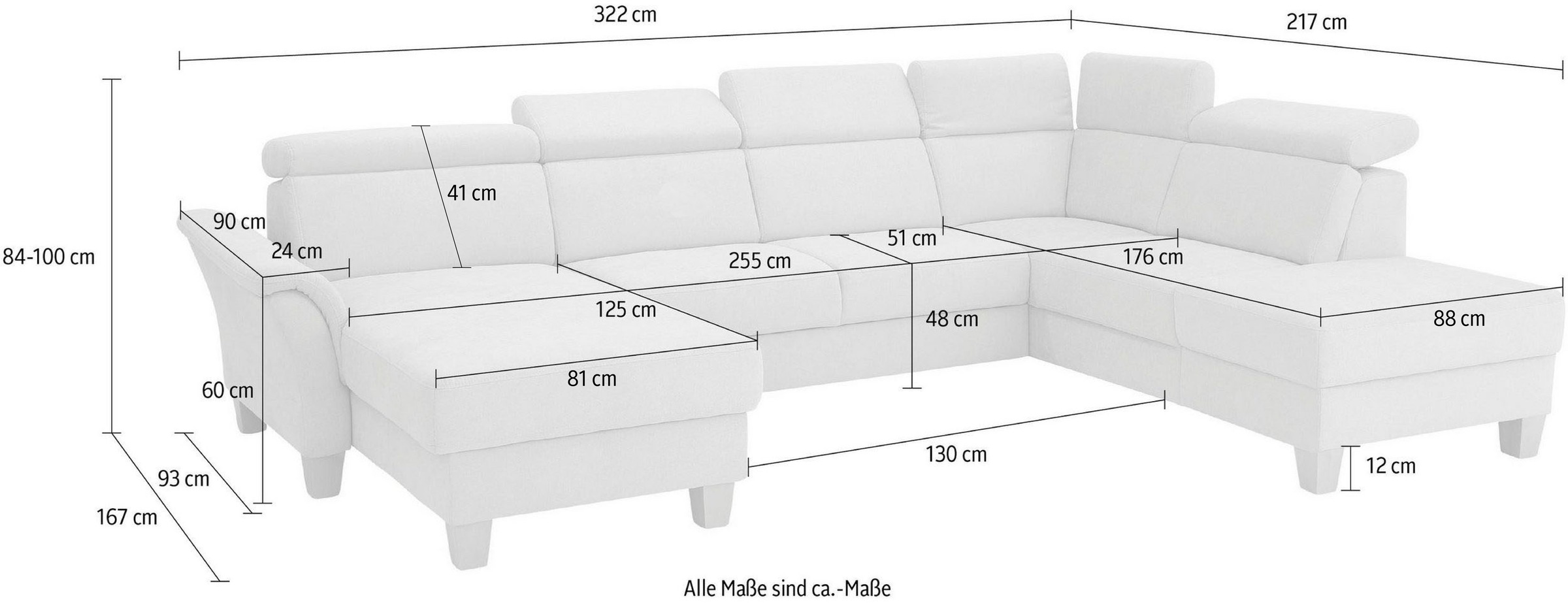 Home affaire Wohnlandschaft »Conville U-Form«, Kopfteilverstellung wahlweise mit Bettfunktion und Bettkasten