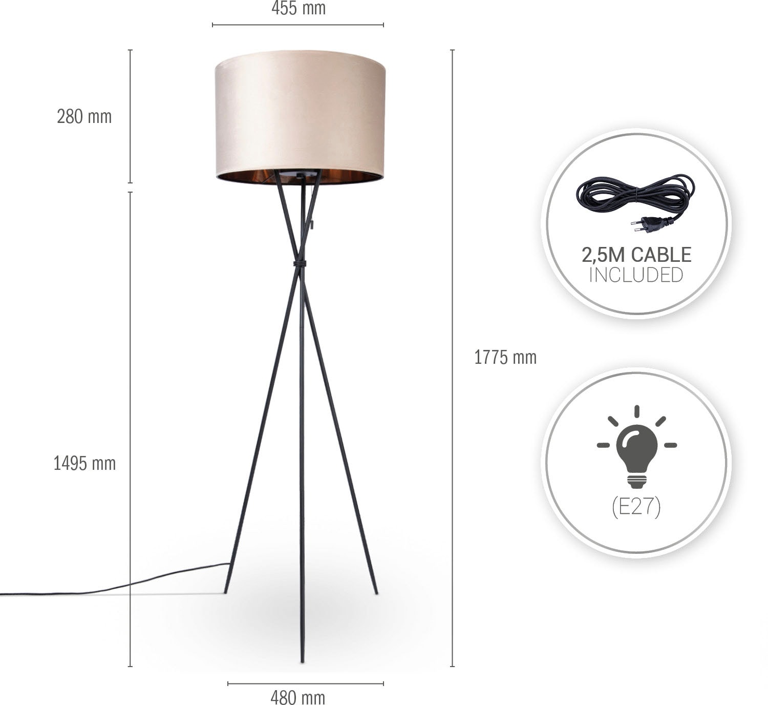 Paco Home Stehlampe Velour Dreibein 177,5cm Garantie online mit Standleuchte Wohnzimmer XXL | uni E27 Jahren Höhe kaufen Filigran »Kate 3 Color«