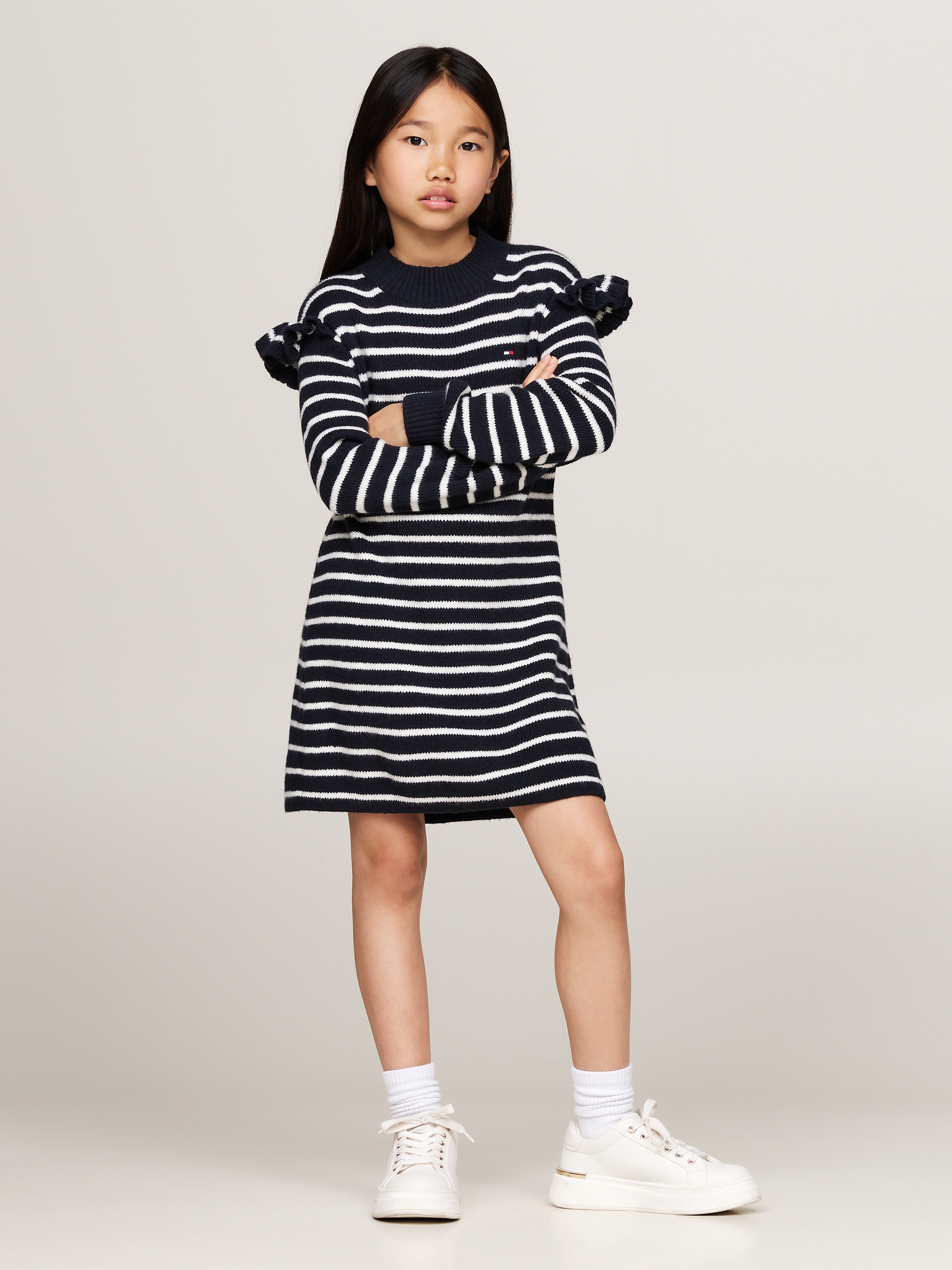 Tommy Hilfiger Strickkleid »RUFFLE SKATER DRESS LS«, mit Streifenmuster