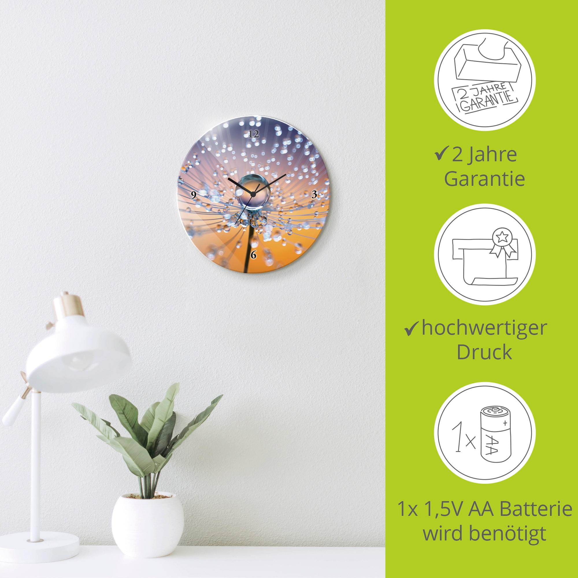 Artland Wanduhr »Glasuhr rund Pusteblumen Tautropfen« wahlweise mit Quarz- oder Funkuhrwerk, lautlos ohne Tickgeräusche