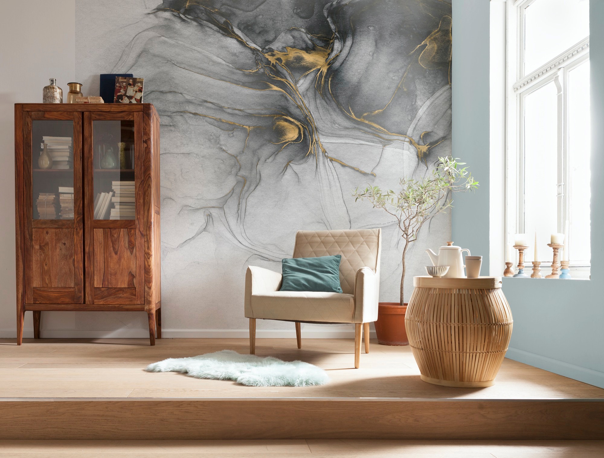 Komar Vliestapete »Digitaldruck Vlies - Ink Gold Flow - Größe 300 x 280 cm«, bedruckt, Wohnzimmer, Schlafzimmer