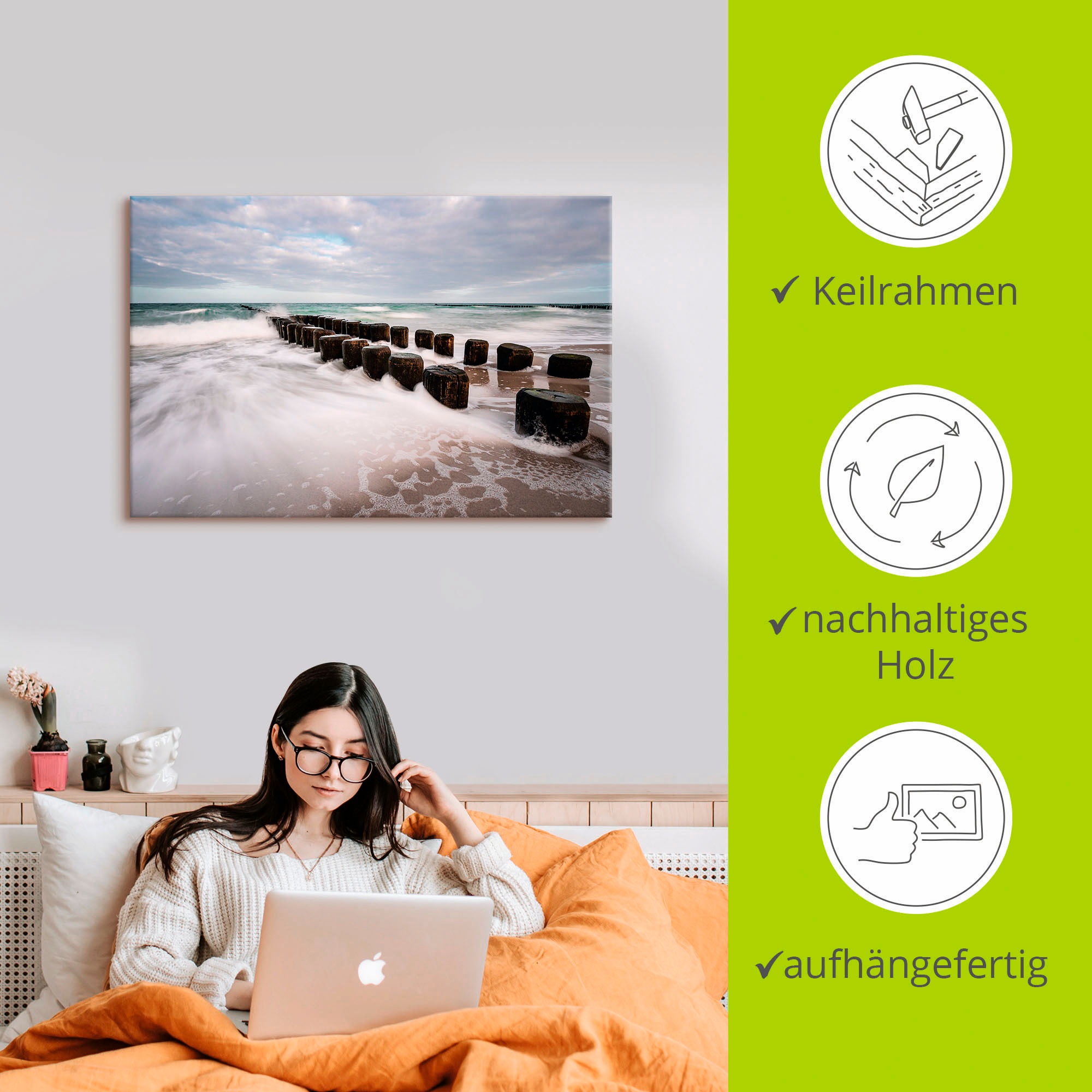 Artland Wandbild »Buhnen an Ostsee an stürmischen Tag«, Küstenbilder, (1 St.), als Alubild, Outdoorbild, Leinwandbild in verschied. Größen