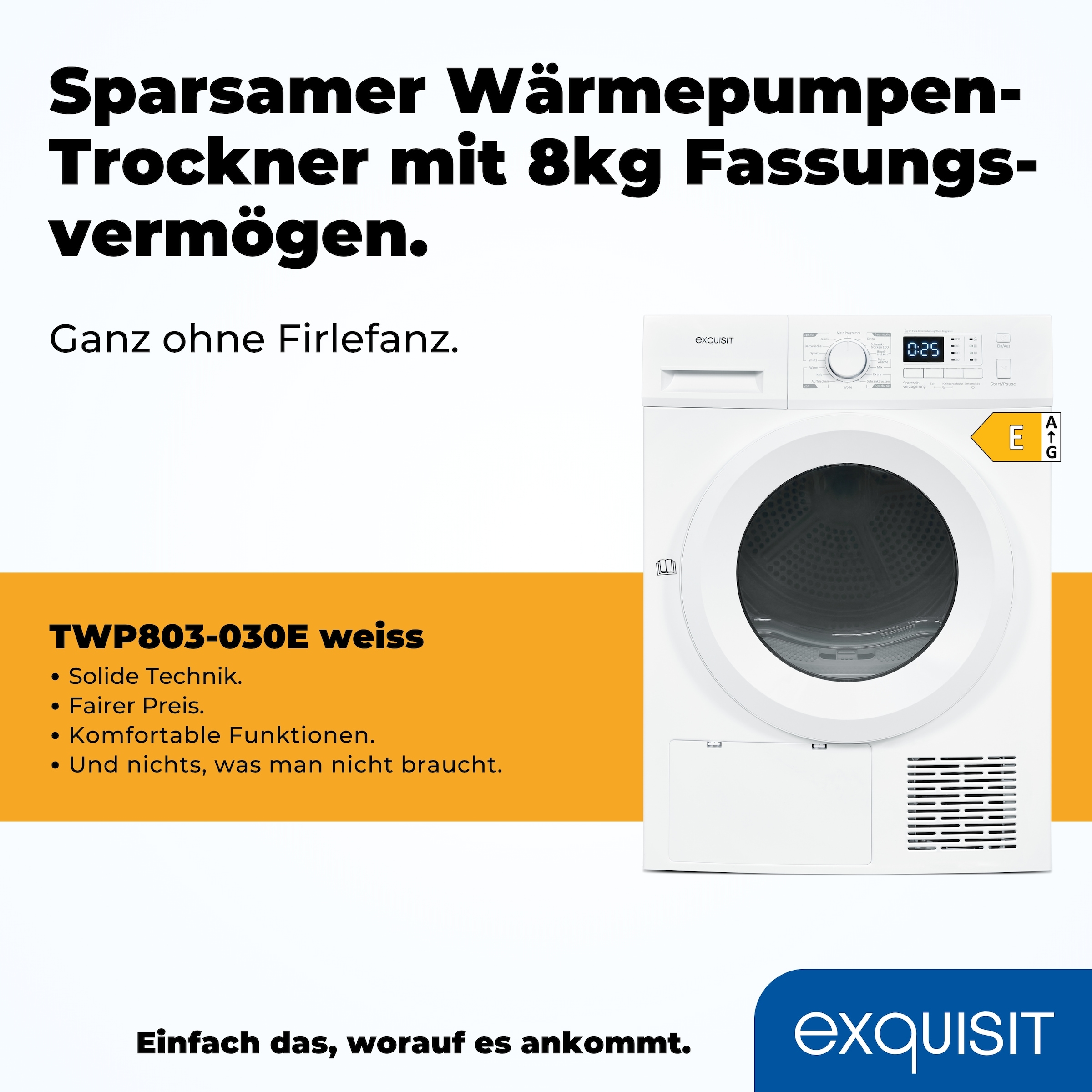 exquisit Wärmepumpentrockner »TWP803-030 weiss« Digitales Display, ECO-Modus & herausnehmbarer Flusenfilter