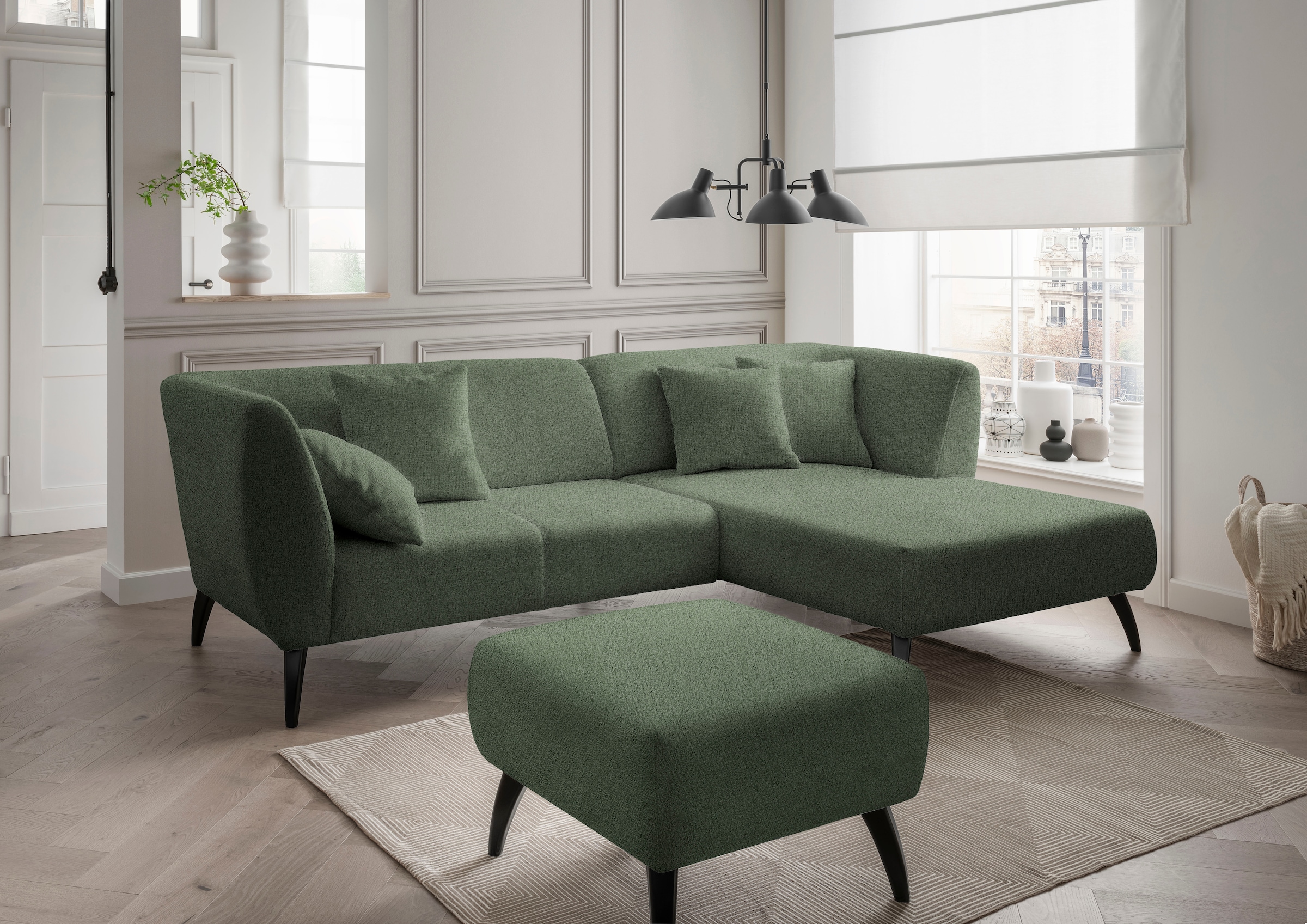 Ecksofa »Colori L-Form«, Holzfußfarbe wählbar, inkl. 4x Zierkissen, verschiedene Stoffe