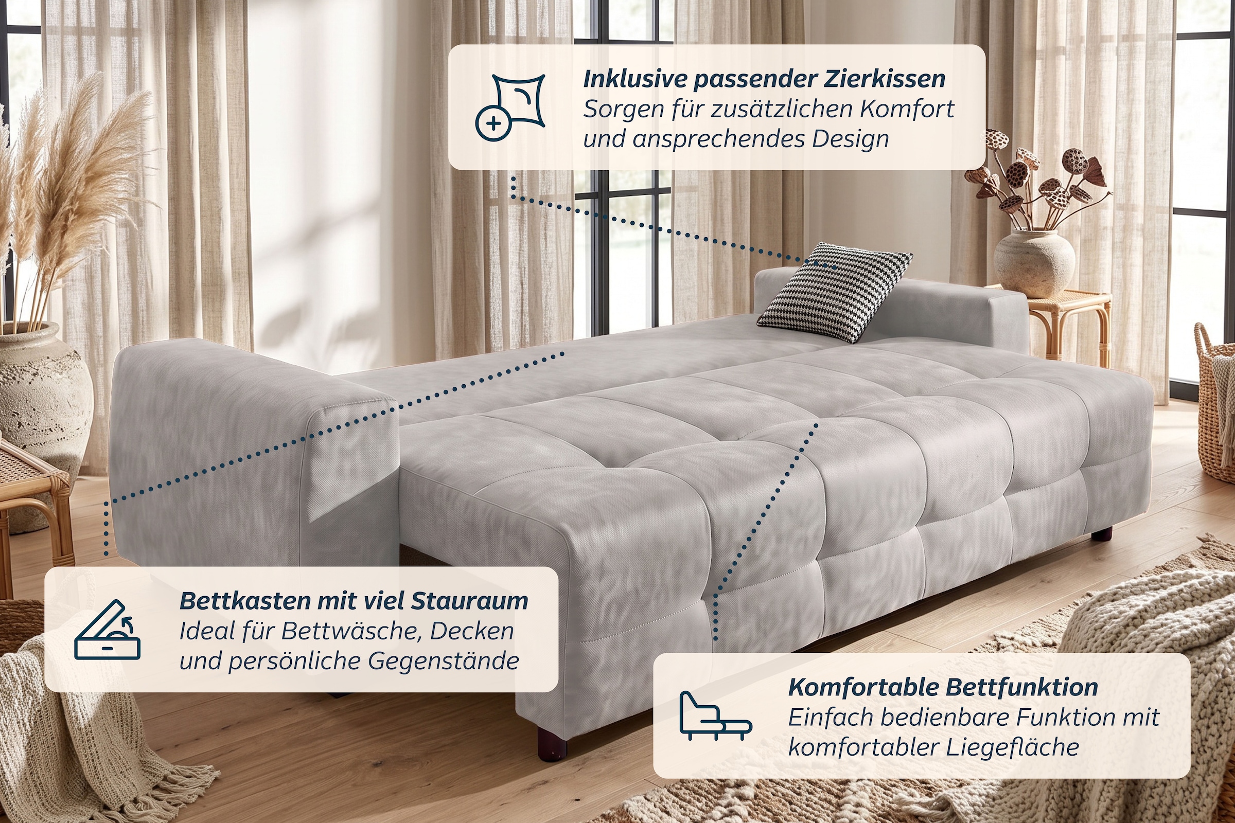 OTTO home Schlafsofa »Bella mit Bettkasten, Gästebett 142x194, in 3 Qualitäten, inkl. Kissen« CLASSIC - Bonnellfedern ohne Topper - ideal als Gästebett