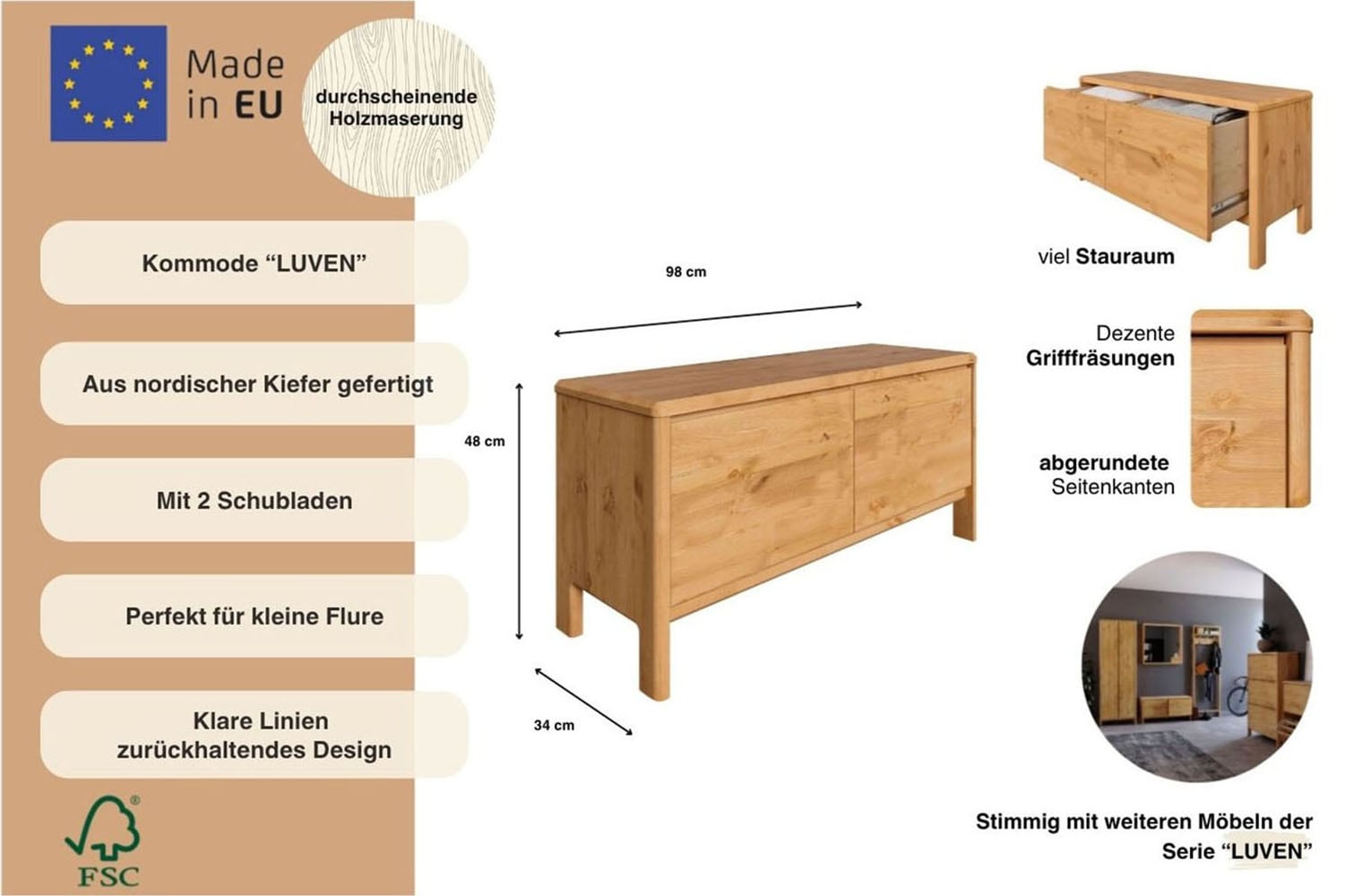 Home affaire Kommode »Luven« FSC® zertifiziertes Massivholz, mit 2 Schubkasten