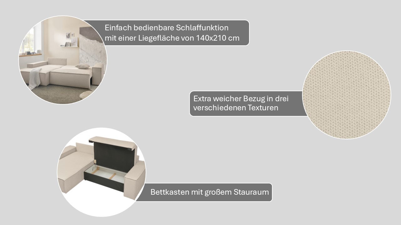 andas Ecksofa »Finnley Schlafsofa 267 cm in Bouclé, Struktur fein u. Cord, L-Form,«, Schlaffunktion m. Bettkasten (136/210 cm), Bouclé, Struktur und Cord