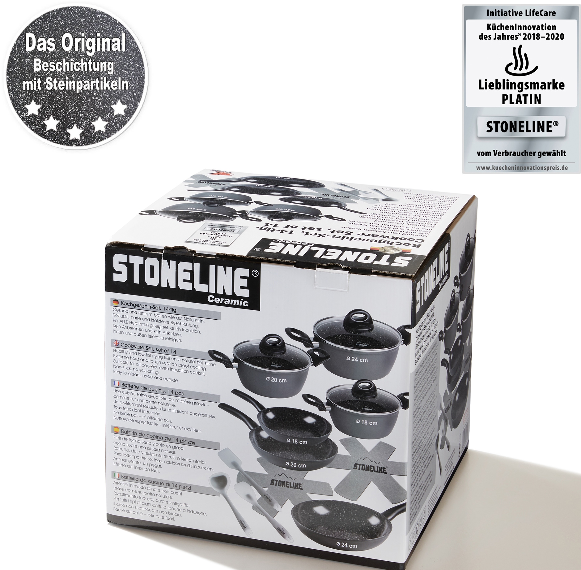 STONELINE Topf-Set, Aluminium, (Set, 14 tlg., Bratentopf 22 cm, je 1 Kochtopf 18/20 cm, je 1 Bratpfanne 16/20/24 cm), Keramik-Antihaftbeschichtung, Induktion