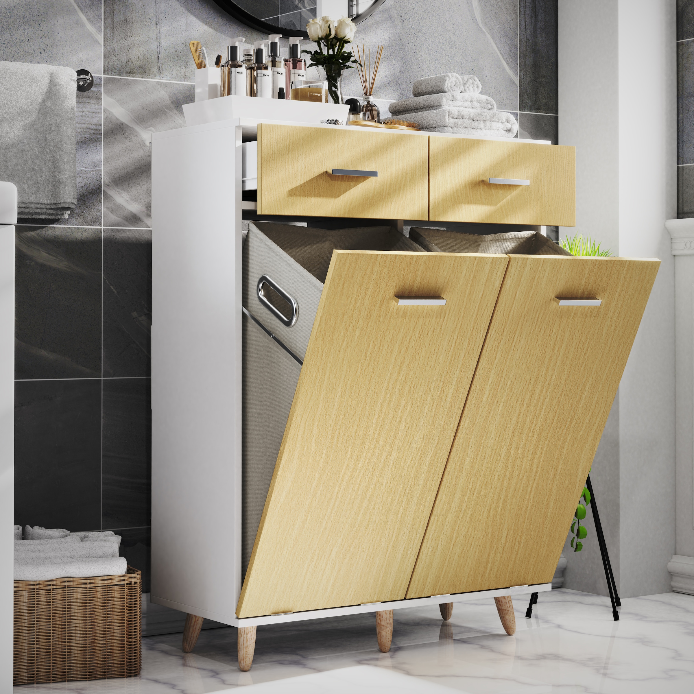 VCM Hochschrank »VCM Holz Wäscheschrank | Wäschetruhe | Wäschebox | Wäschekorb | Maße ca. H. 97 x B 79 x T. 35 cm - Landos L«, (1 St.)