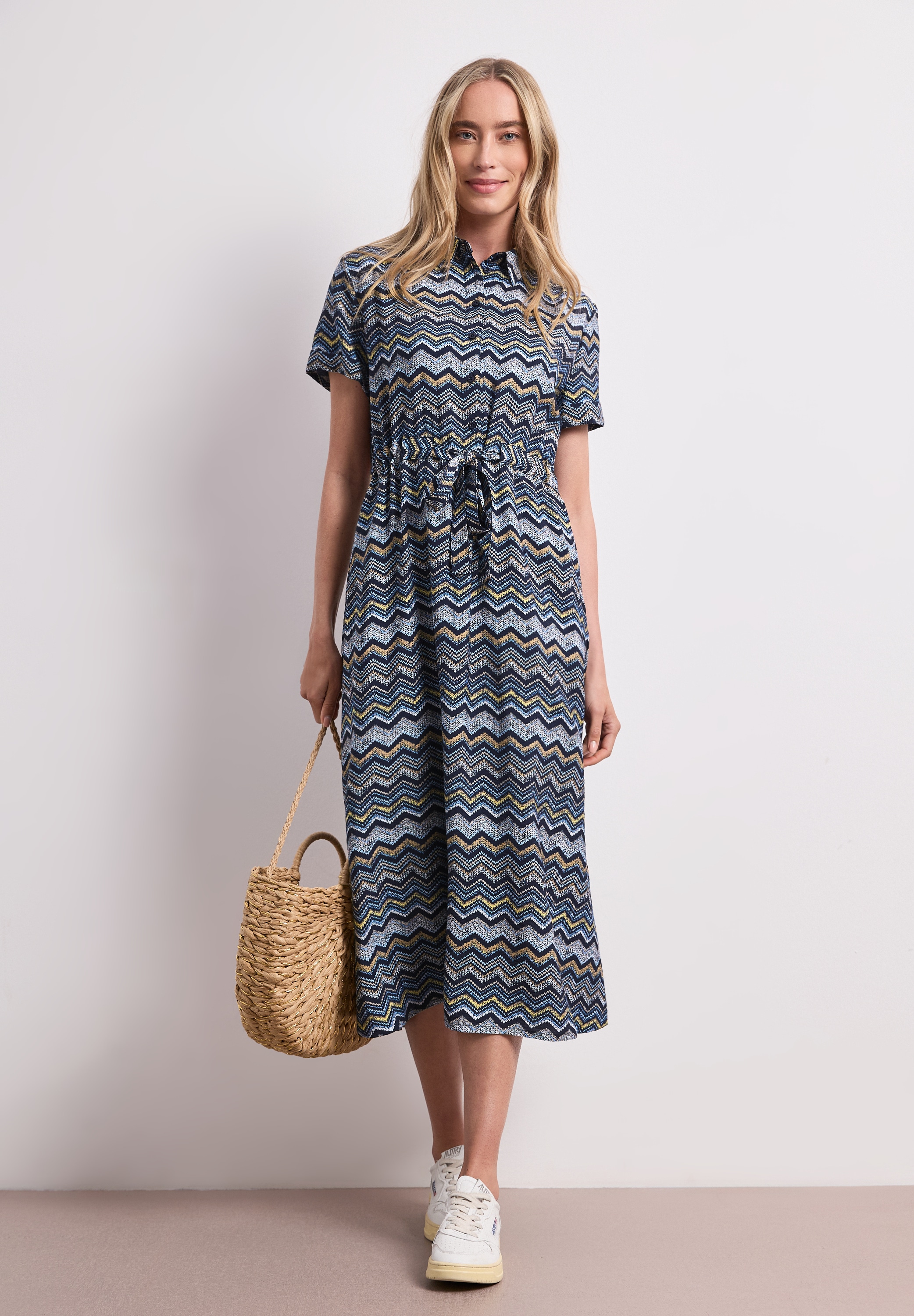 STREET ONE Midikleid Eingrifftaschen Sommerkleid mit Zick-Zack-Muster