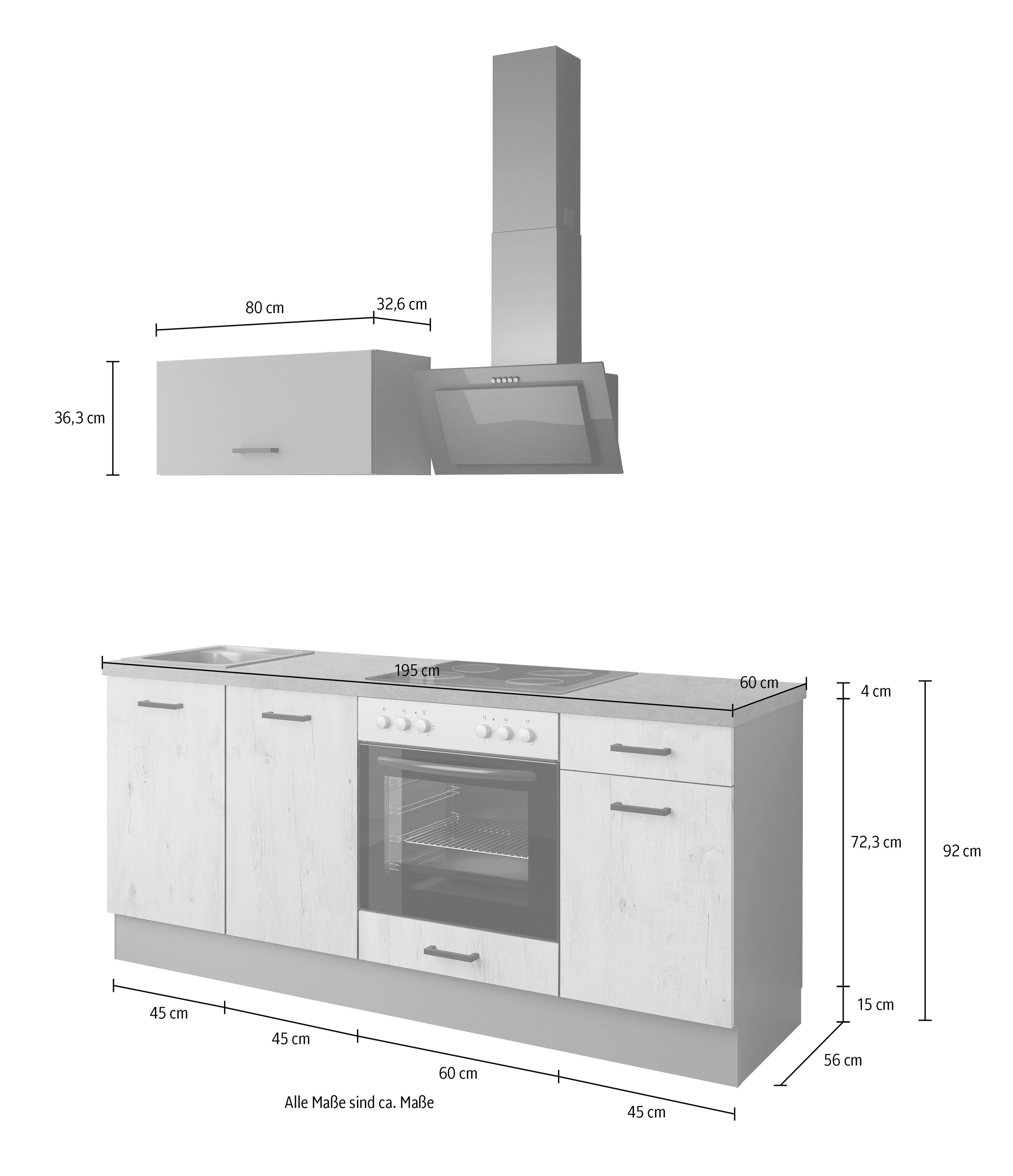 IMPULS KÜCHEN Küchenzeile »"Lissabon", Ausrichtung wählbar, Schubkästen mit Soft-Close,«, vormontiert, wahlweise mit E-Geräten, mit Vollauszug, Breite 195 cm