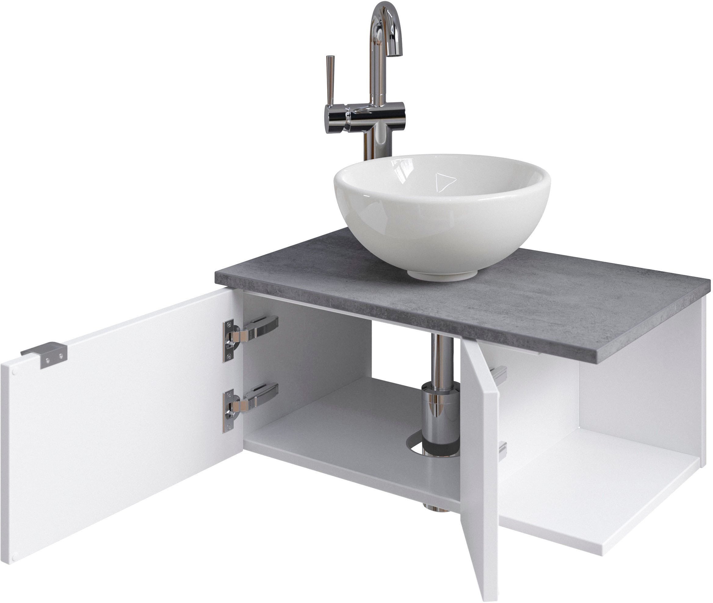 Saphir Waschtisch »Serie 6915 Waschschale mit Unterschrank für Gästebad, Gäste WC« Keramik-Aufsatzbecken, Waschtischplatte, Waschtischunterschrank, 3 Stk. tlg. 61 cm breit, 2 Türen, offenes Fach, kleine Bäder, ohne Armatur