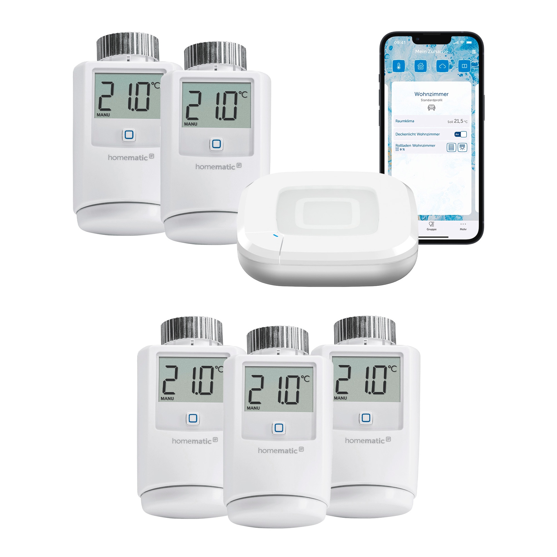 Homematic IP, Heizkörperthermostat »Starter Bundle Heizen für 5 Heizkörper«, Weiß, Kunststoff, Kompaktes Design für eine flexible Platzierung