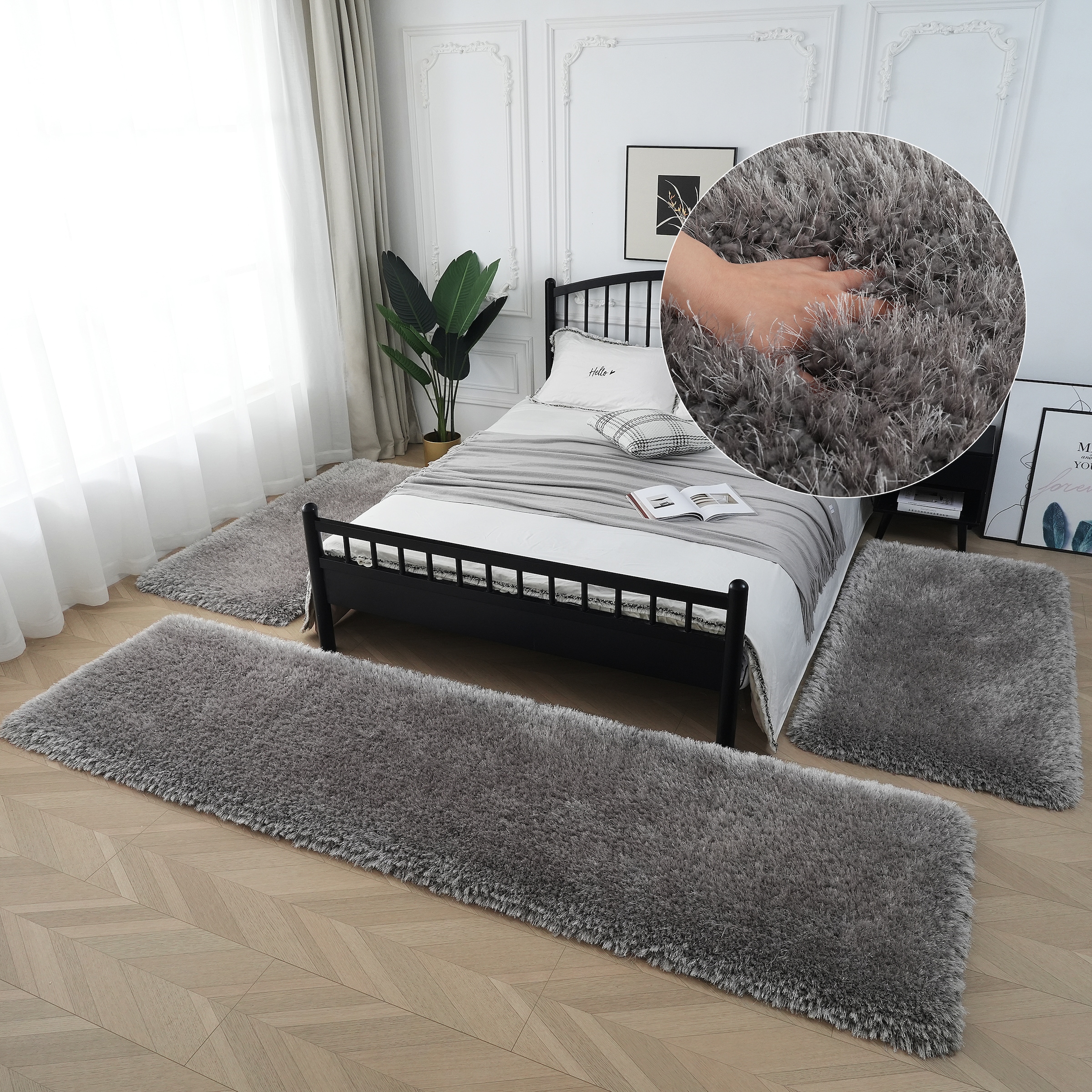 OTTO home Bettumrandung "Micro exclusiv Teppich, sehr hoher Flor, weich durch Mikrofaser" Höhe 78 mm 3 tlg. Bettvorleger, Läufer-Set, weich, unifarben, Microfaser, Schlafzimmer
