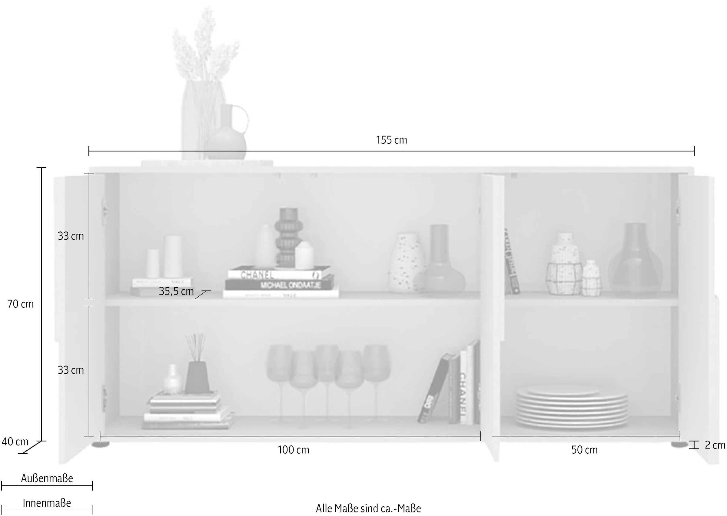 INOSIGN Sideboard »Stone, 155 cm breit, 3 Türen, Anrichte, Kommode, Stauraumschrank« 3D-Design, Push-to-open, Innenraum großzügig, Füße 14/2 cm wählbar