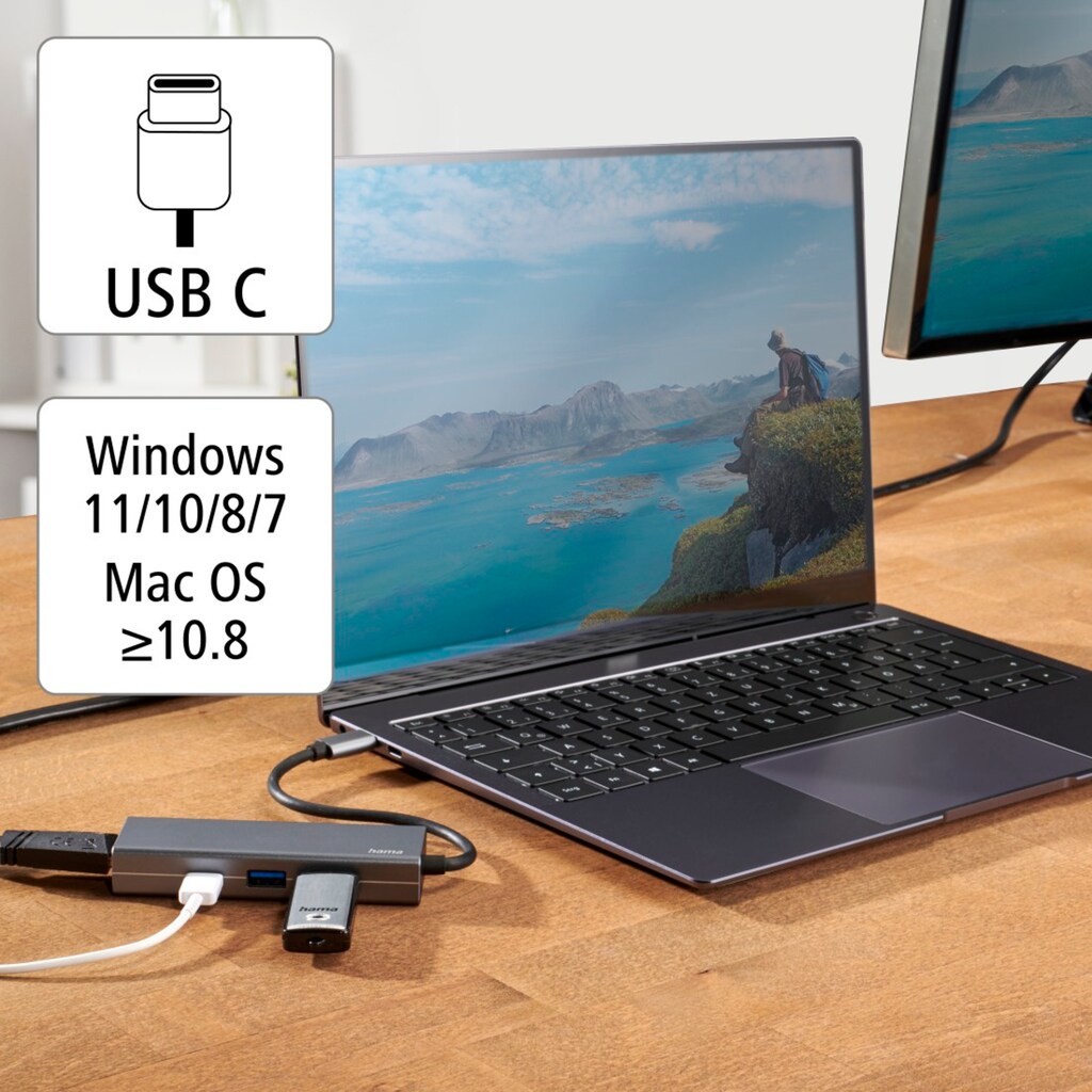 Hama USB-Adapter »USB-C Multiport Hub für Laptop mit 4 Ports, USB-A, USB-C, HDMI«, USB-C zu USB Typ A-USB-C-HDMI, 15 cm, Laptop Dockingstation, kompakt, robustes Gehäuse, silberfarben
