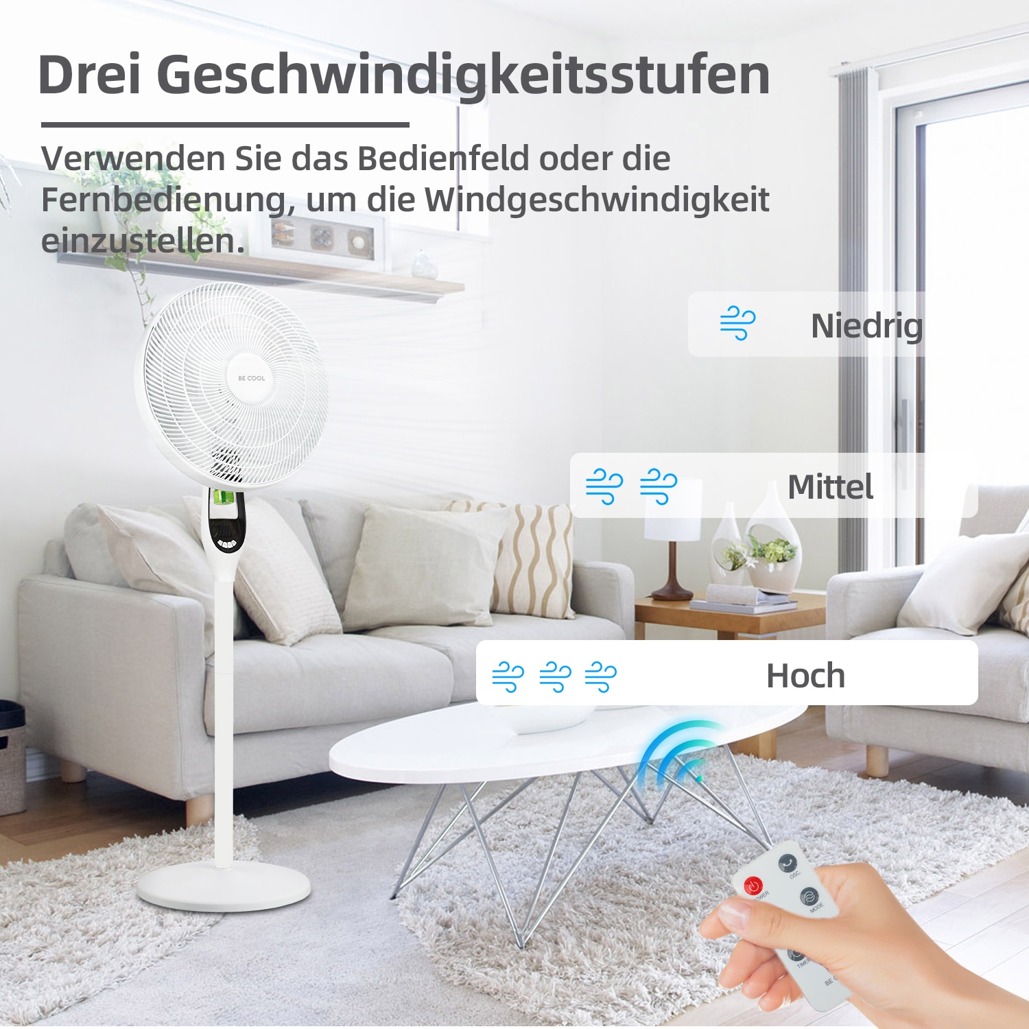 be cool Standventilator »Stand- und Tischventilator 40cm mit Mückenabwehr BC40STMOSQ weiß«, flexibel einsetzbar, Display