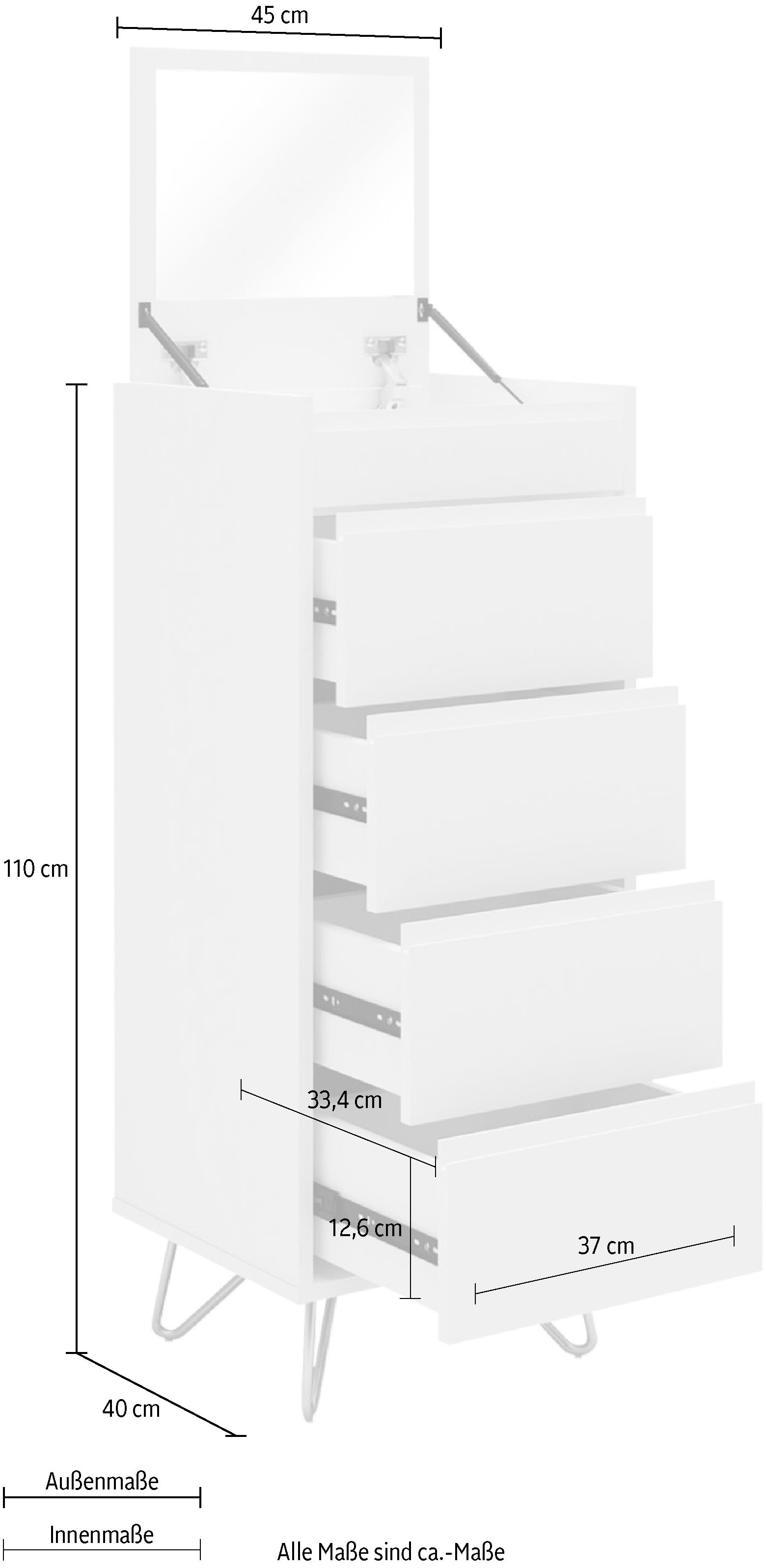 SalesFever Hochkommode, Spiegel im Klappdeckel, Kommode mit Schmuckfach, Schubladenschrank