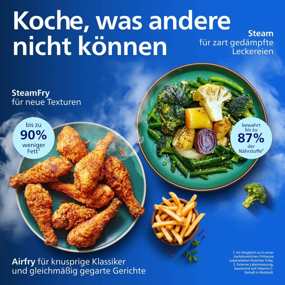 Philips Heißluftfritteuse »NA555/00 Steam Airfryer 5000 Series Dual Basket, 9L Kapazität (3L+6L)« 2750 W mit Dampfgar-Funktion; Silber/Edelstahl