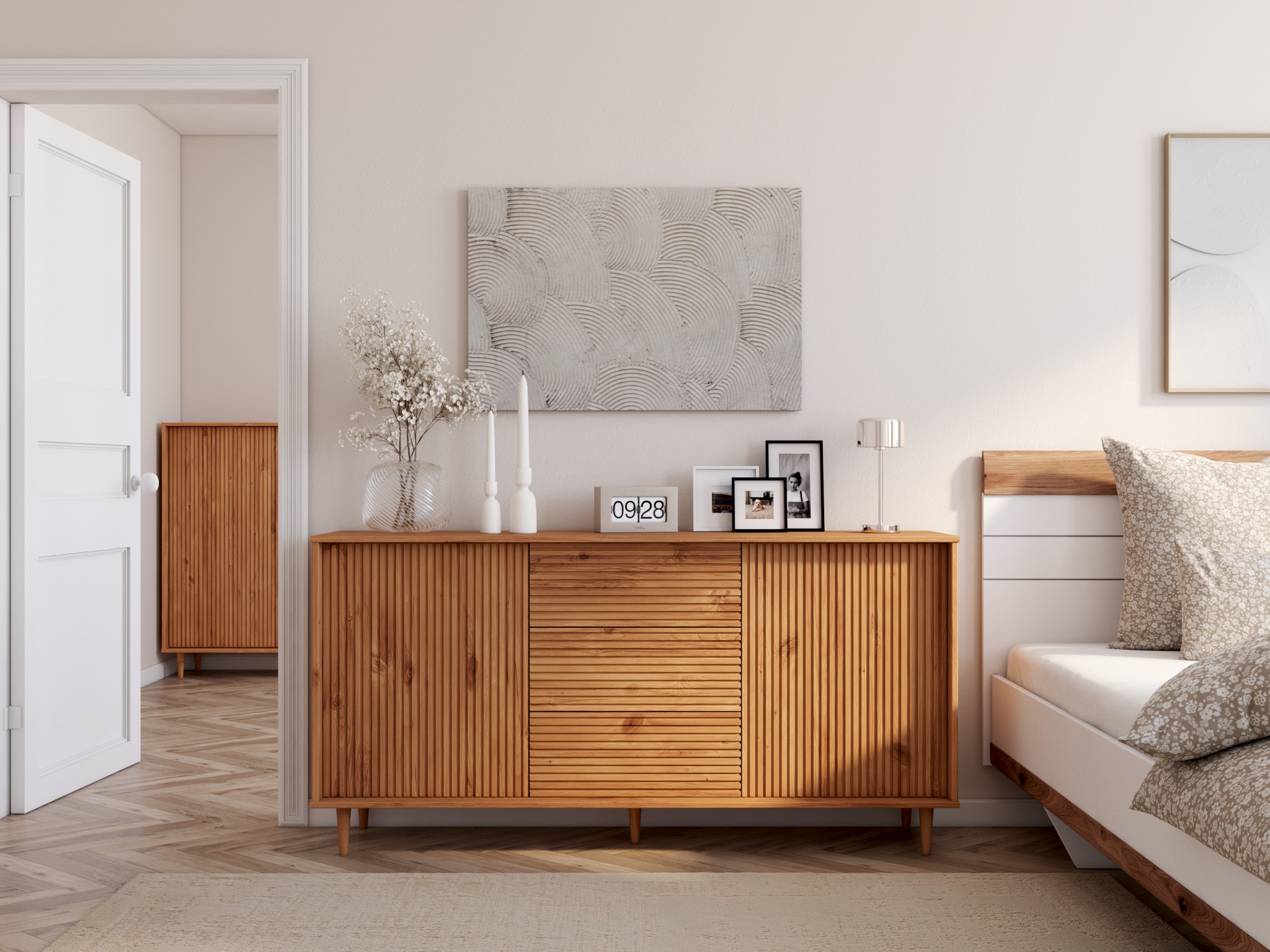 INOSIGN Sideboard »Malmedy  Front mit gefrästen Rillen« Kommode aus massivem Kiefernholz, Push-to-open, Breite 160 cm