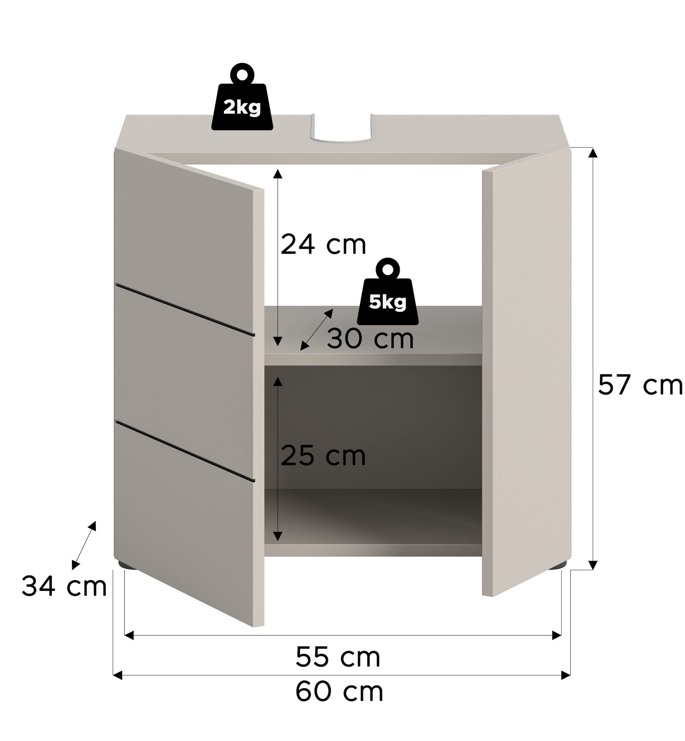 welltime Waschbeckenunterschrank »BIEL, Breite: 60 cm, 2 Türen, 2 Fächer, Siphonausschnitt« 1 Stk. tlg. Waschbeckenunterschrank, Unterschrank, WBU, Badezimmer, Bad