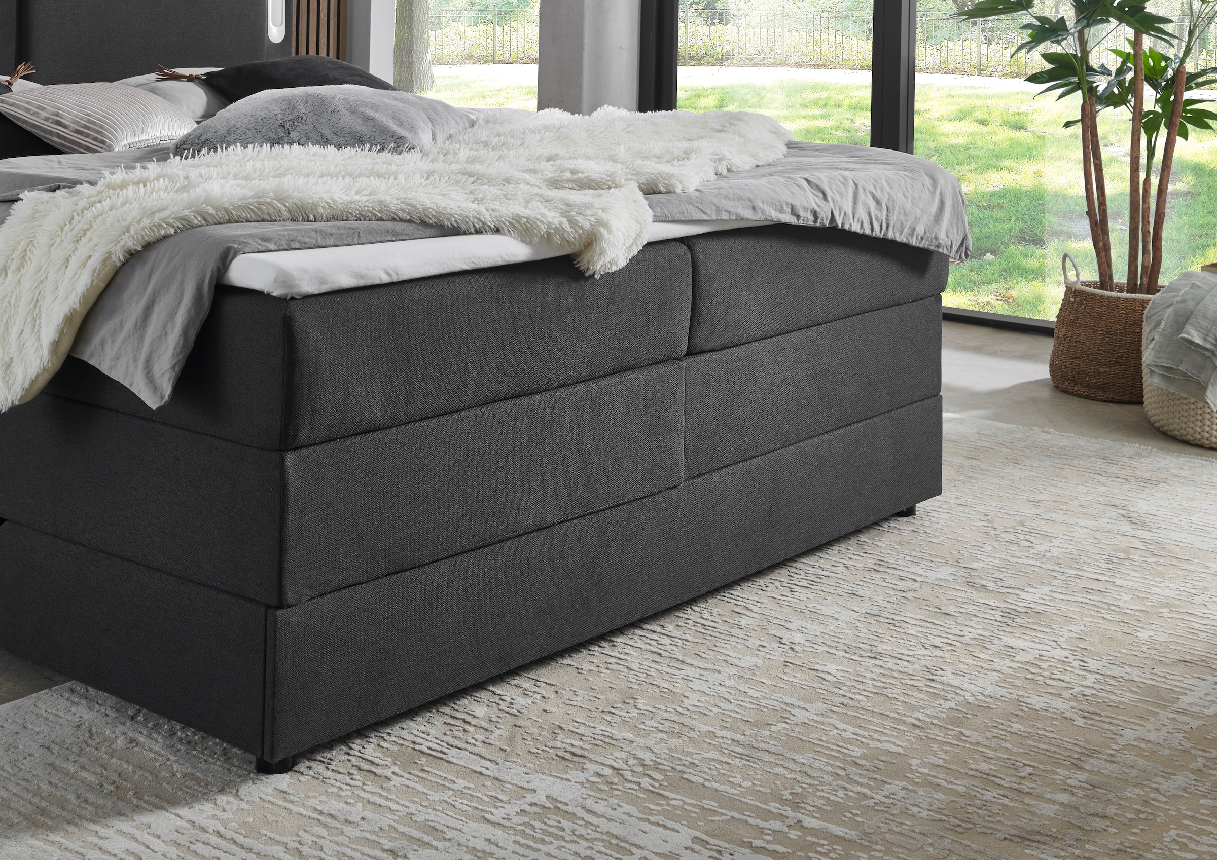 INOSIGN Boxbett »ELVERTA, Polsterbett mit Bettkasten, inkl. Taschenfederkernmatratze H3« mit Topper und LED-Beleuchtung, Strukturstoff-Bezug,  180x200 cm