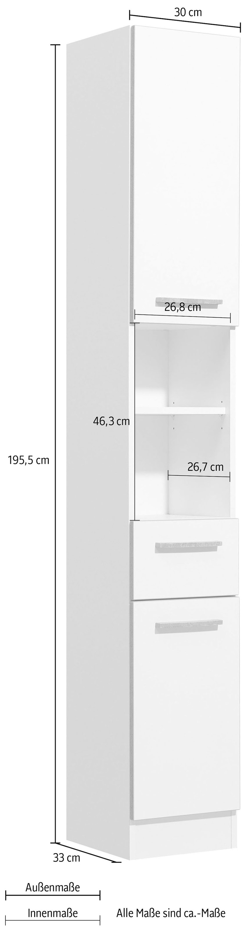 Saphir Hochschrank »Quickset 953 Badschrank 30 cm breit, 2 Türen, Nische, 1 Schublade« Badezimmer-Hochschrank, Weiß Glanz, Griffe in Betonoptik