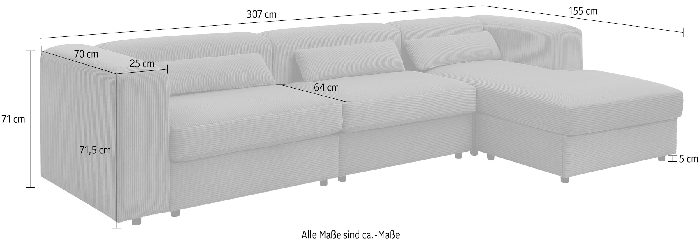 ATLANTIC home collection Ecksofa »Uno, L-Form, Breite: 307cm« beidseitig montierbarem Longchair,mit Taschenfederkern, in Cord