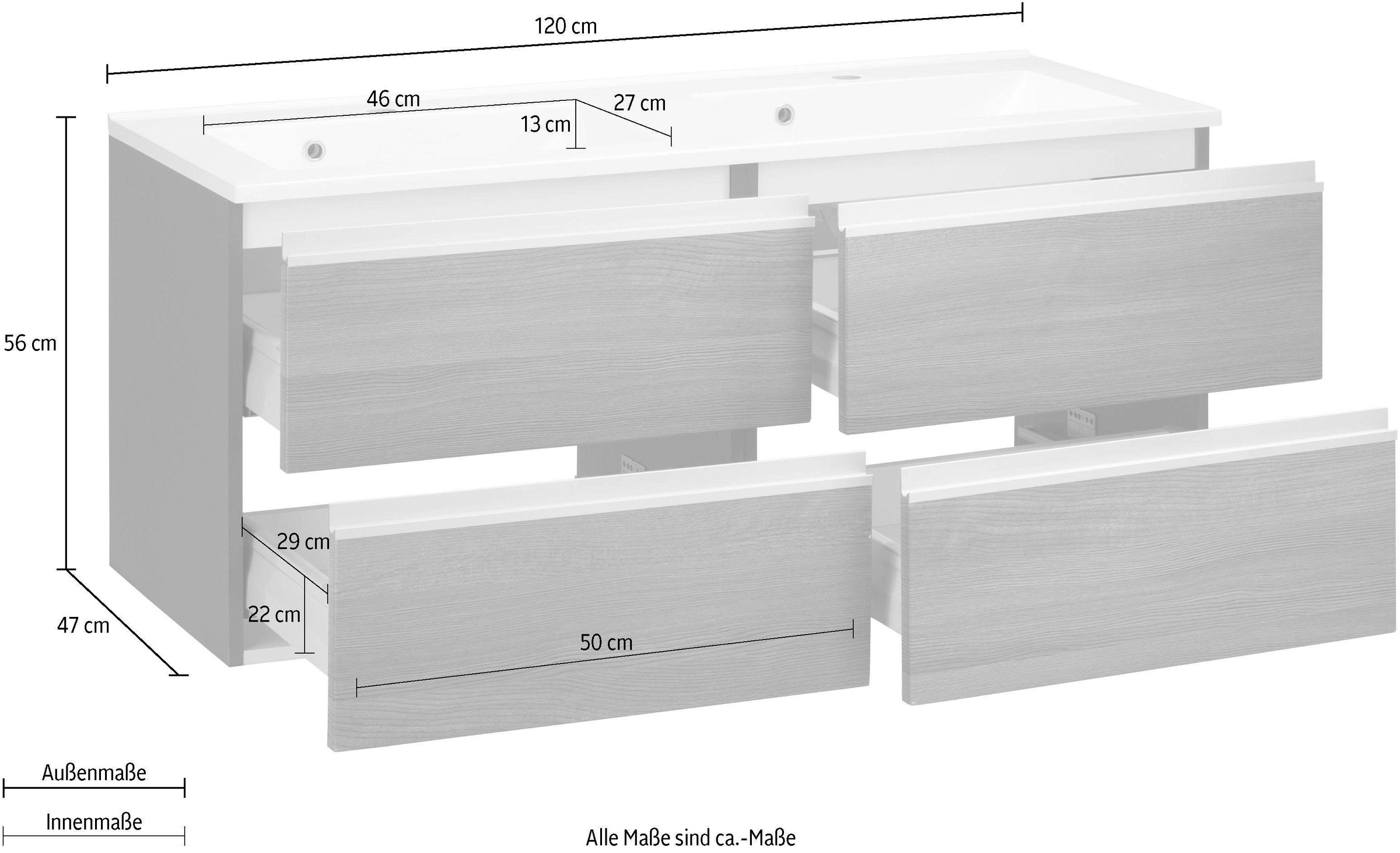 welltime Waschbeckenunterschrank »Ohio«, Badmöbel, Waschtisch inkl. Waschbecken, Breite 120 cm