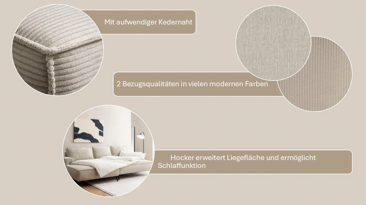 Home affaire Sitzgruppe »TVINNU, Polsterecke L-Form, Schlaffunktion, mit Hocker« Set,  Set, stellbar zum Schlafsofa (Krokodilverbinder)