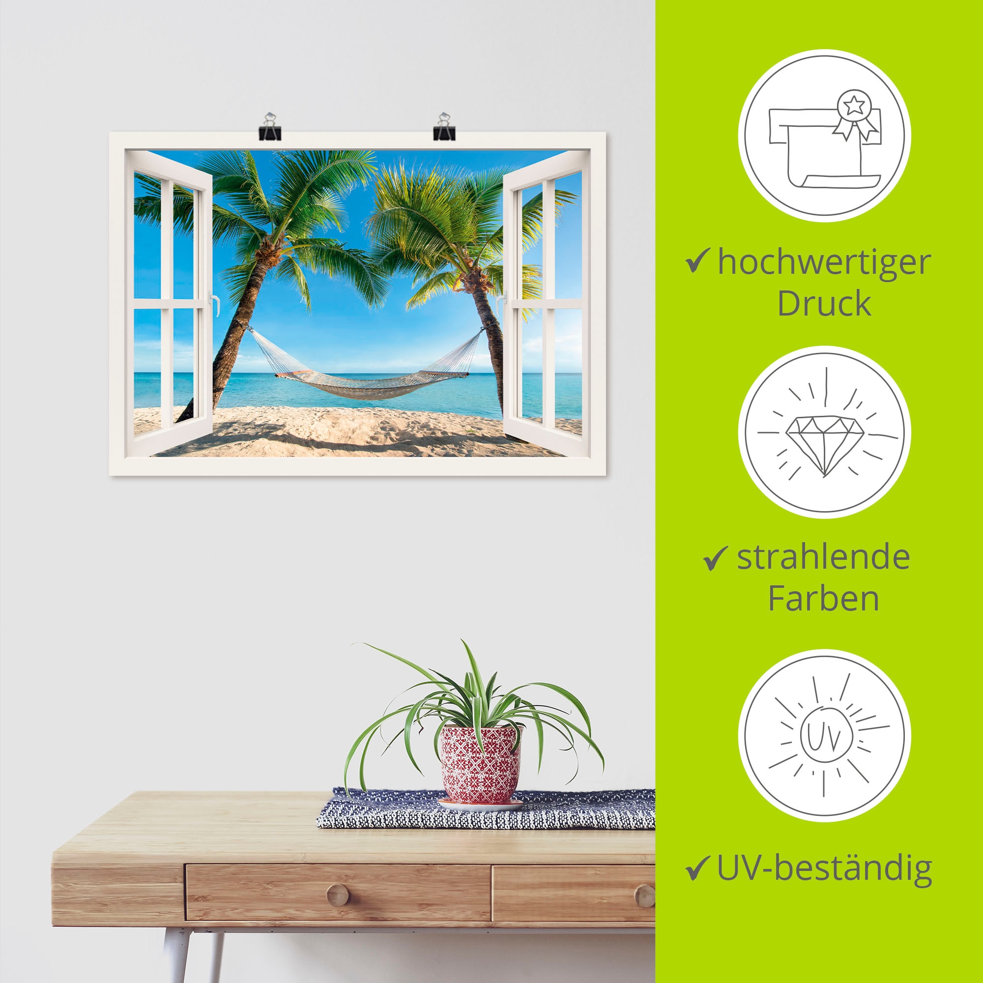 Artland Wandbild »Fensterblick Palmenstrand Karibik« Amerika 1 Stk. tlg. als Alubild, Outdoorbild, Leinwandbild, Poster, Wandaufkleber