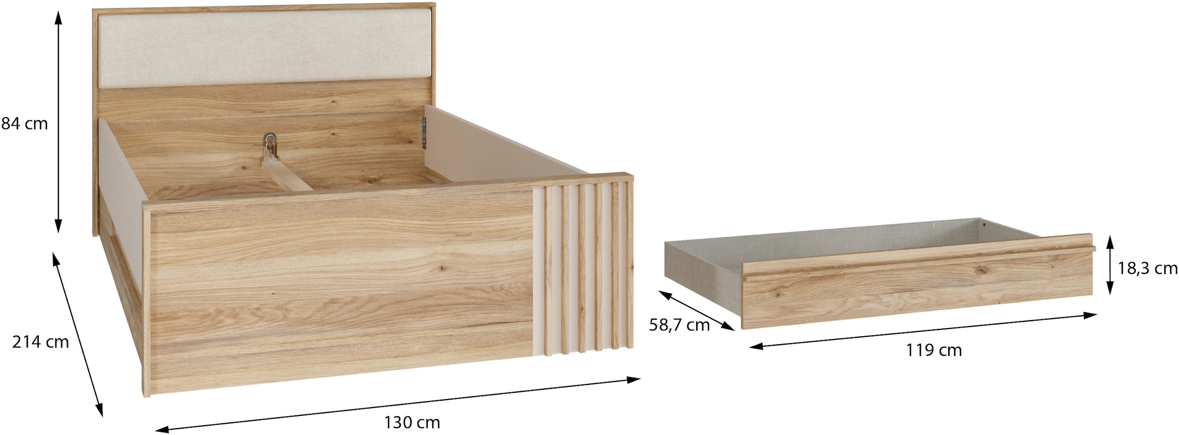 FORTE Bett »Bett mit Stauraum 2 SK, Kopfteil gepolstert« B/H/T 130/84/213 cm, in 2 Farben erhältlich