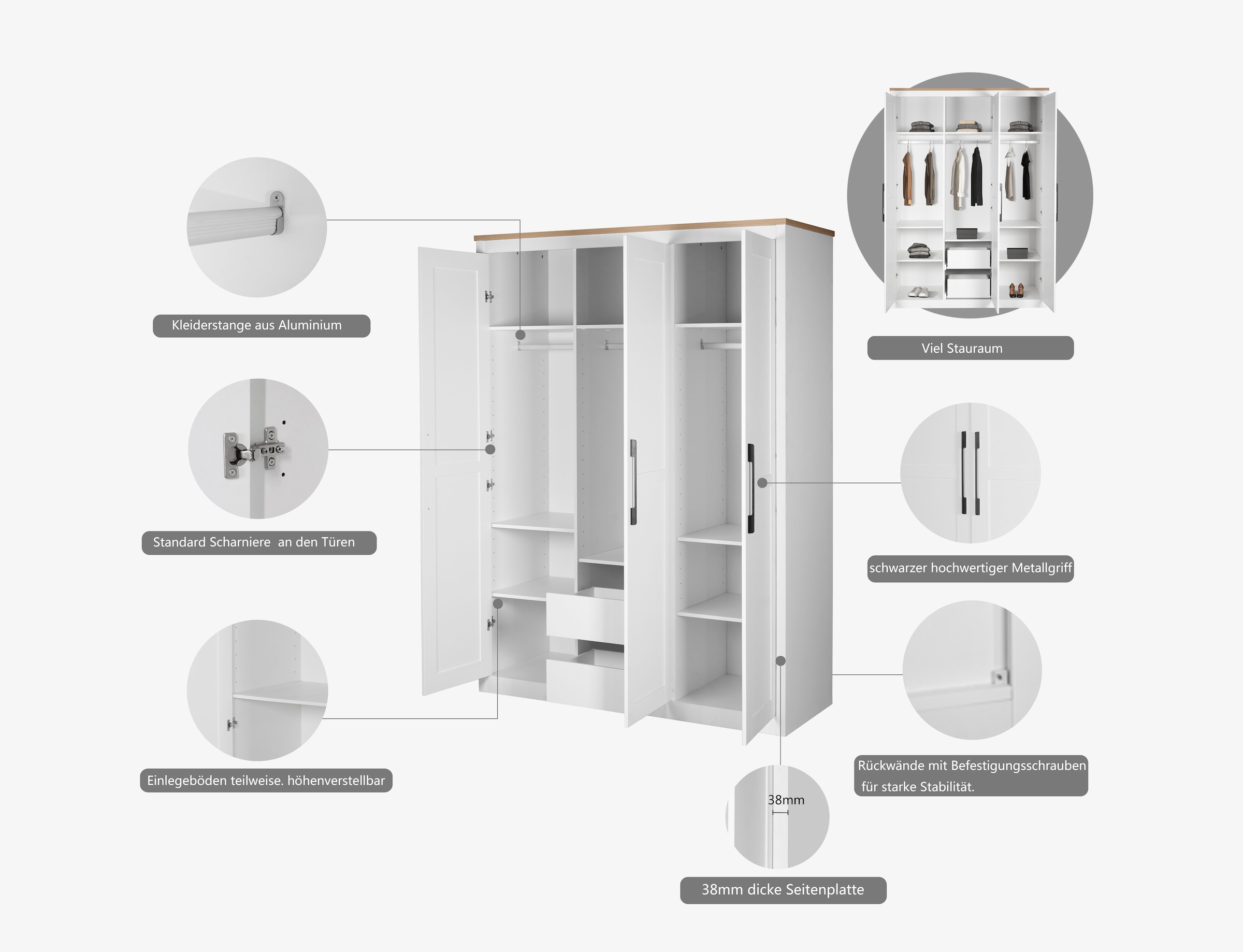 OTTO home Kleiderschrank »Büsum Schlafzimmer Schrank« stabile robuste Bauweise mit optimaler Aufteilung,  Schlafzimmerschrank Landhaus Design Garderobe Schrank Bestseller