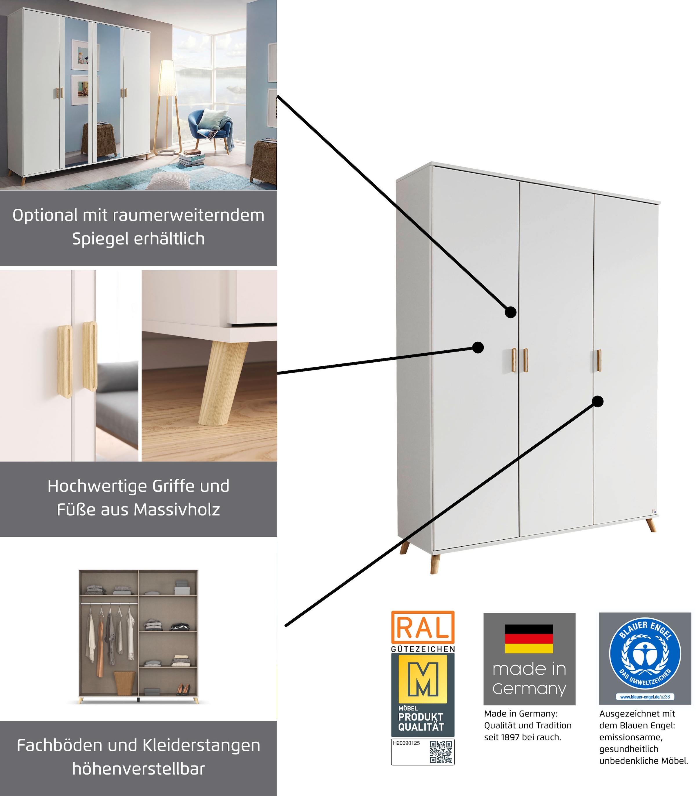 rauch Kleiderschrank »Skandi Kinderzimmer Bestseller Schlafzimmerschrank FALUN« Breite 92/137/182, Höhe 203 cm,  im modernen Skandi-Look, Füße/Griffe Eiche massiv MADE IN GERMANY